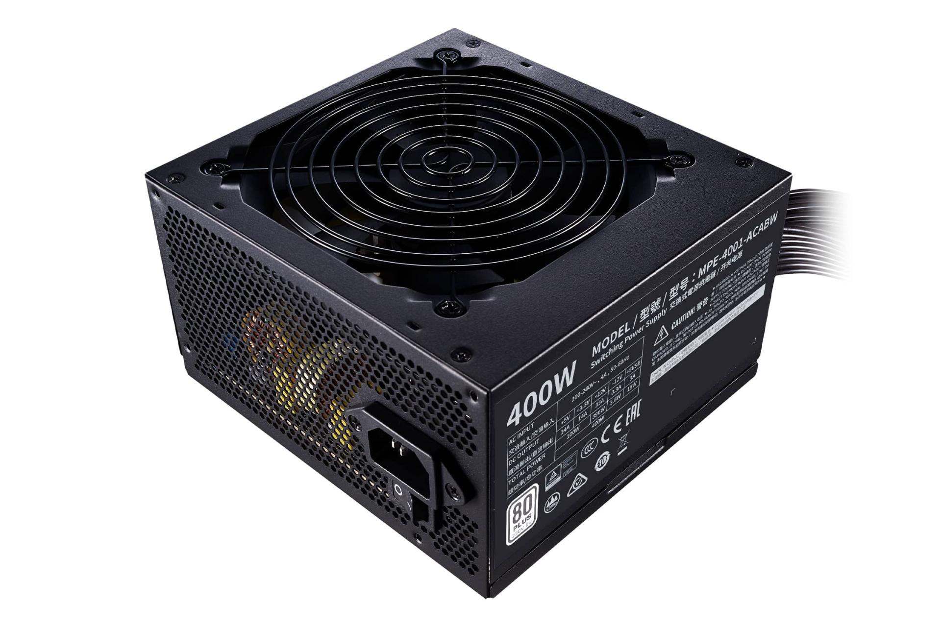 نمای نیمرخ پاور کامپیوتر کولر مستر MWE 400 WHITE 230V V2 با توان 450 وات با نمایش فن، درگاه برق و برچسب اطلاعات