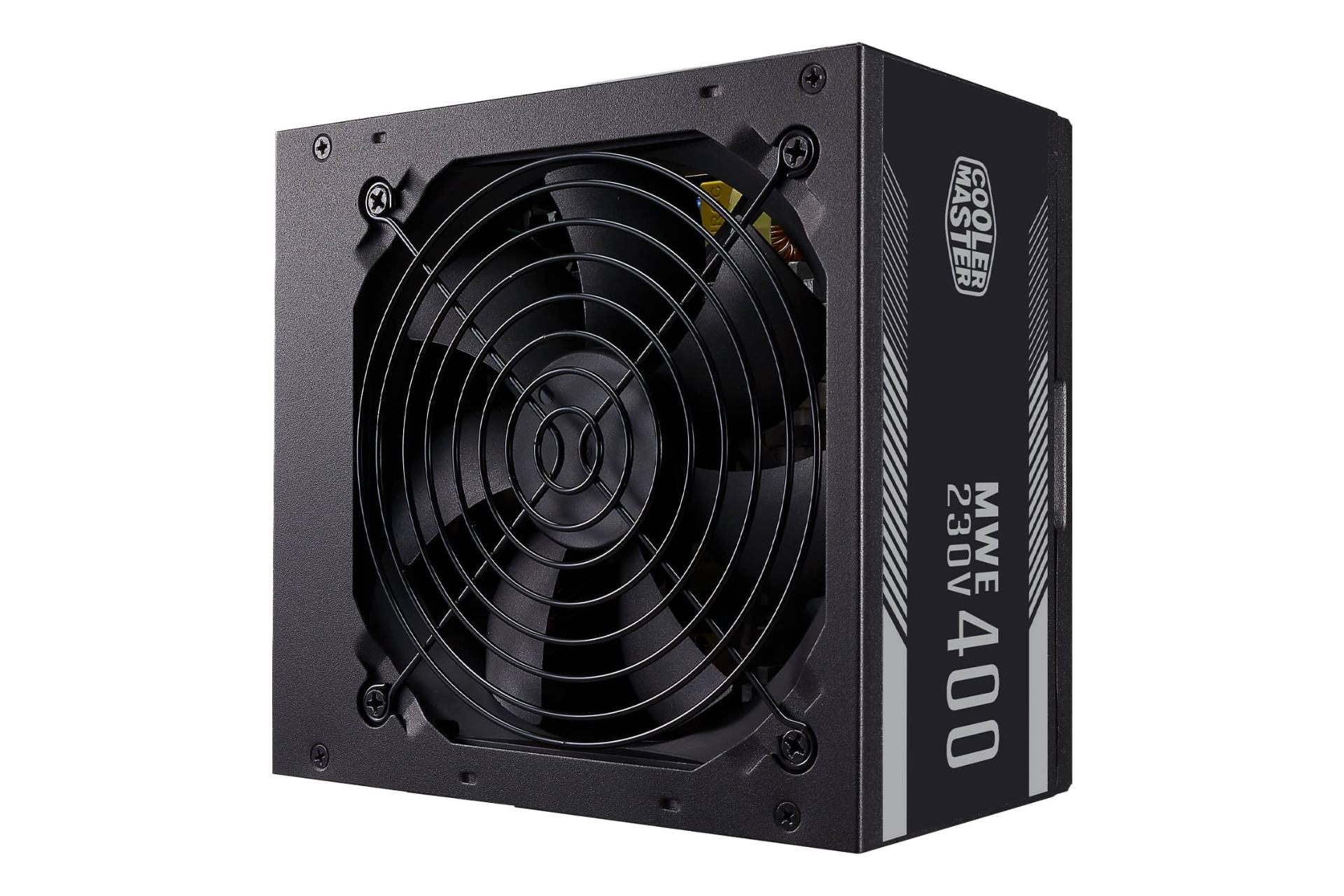 نمای نیمرخ پاور کامپیوتر کولر مستر MWE 400 WHITE 230V V2 با توان 450 وات با نمایش فن و لوگوی پنل کناری