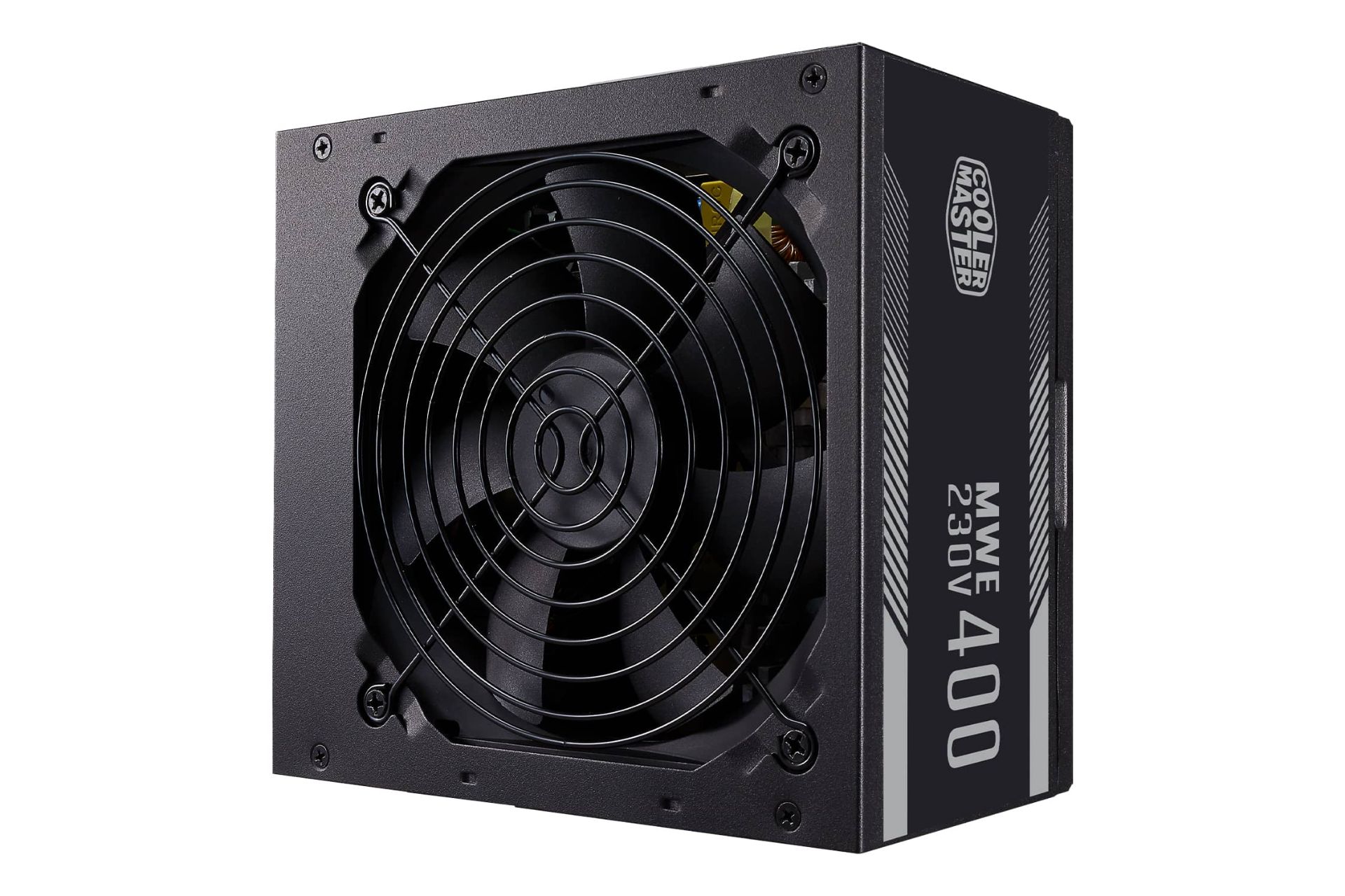 نمای نیمرخ پاور کامپیوتر کولر مستر MWE 400 WHITE 230V V2 با توان 450 وات با نمایش فن و لوگوی پنل کناری