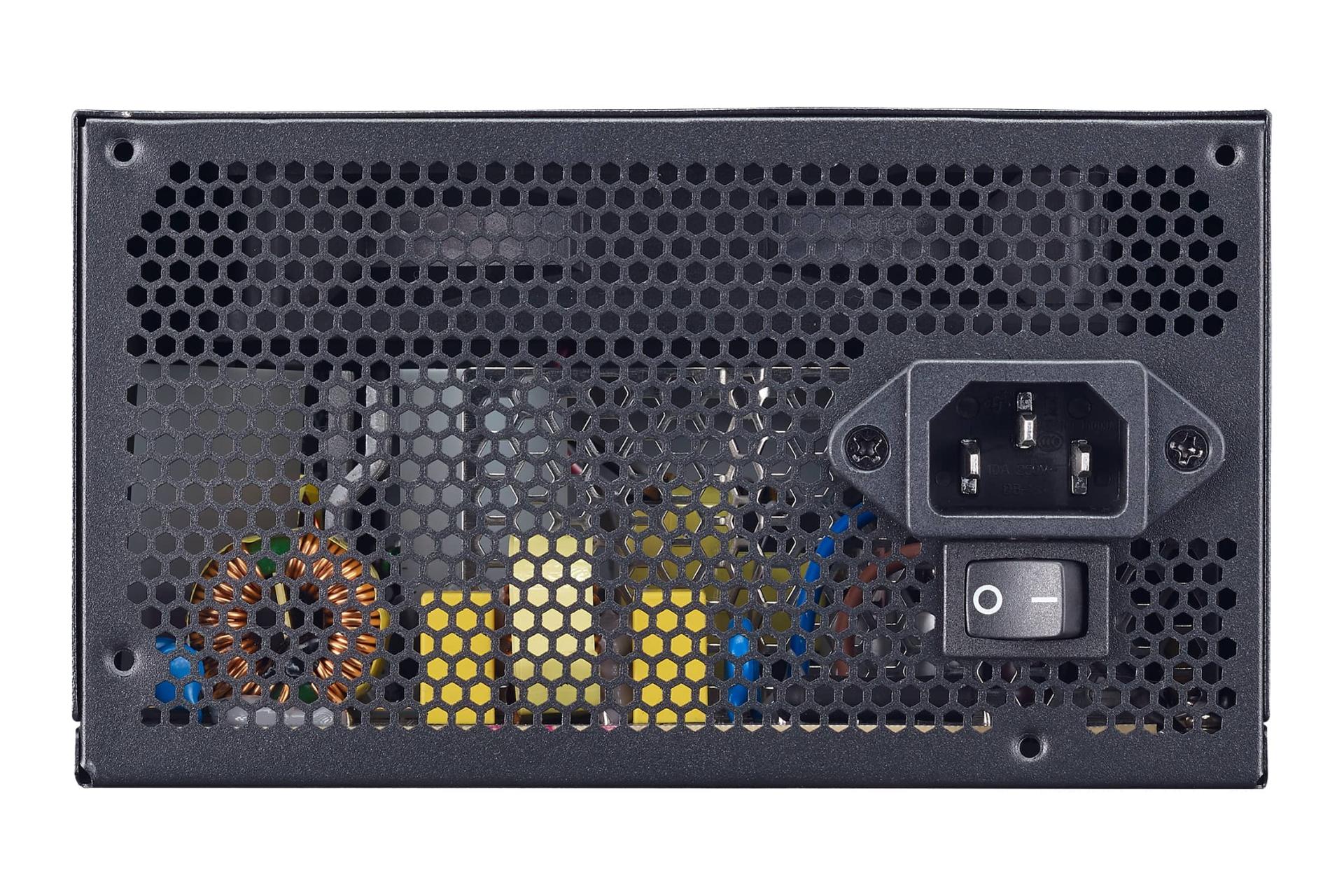 نمای پنل پشت پاور کامپیوتر کولر مستر MWE 400 WHITE 230V V2 با توان 450 وات با نمایش درگاه و سوییچ برق