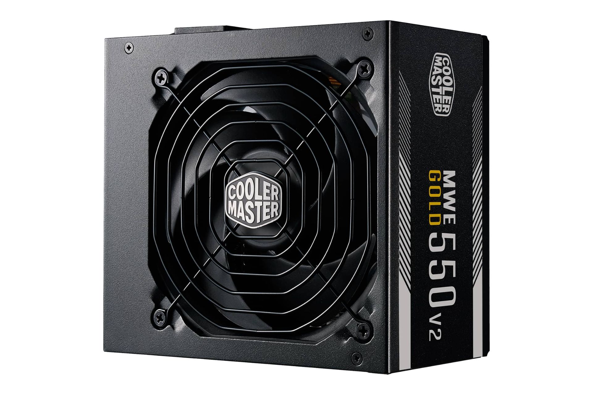 نمای نیمرخ پاور کامپیوتر کولر مستر MWE GOLD 550 V2 با توان 550 وات با نمایش فن و لوگوی پنل کناری