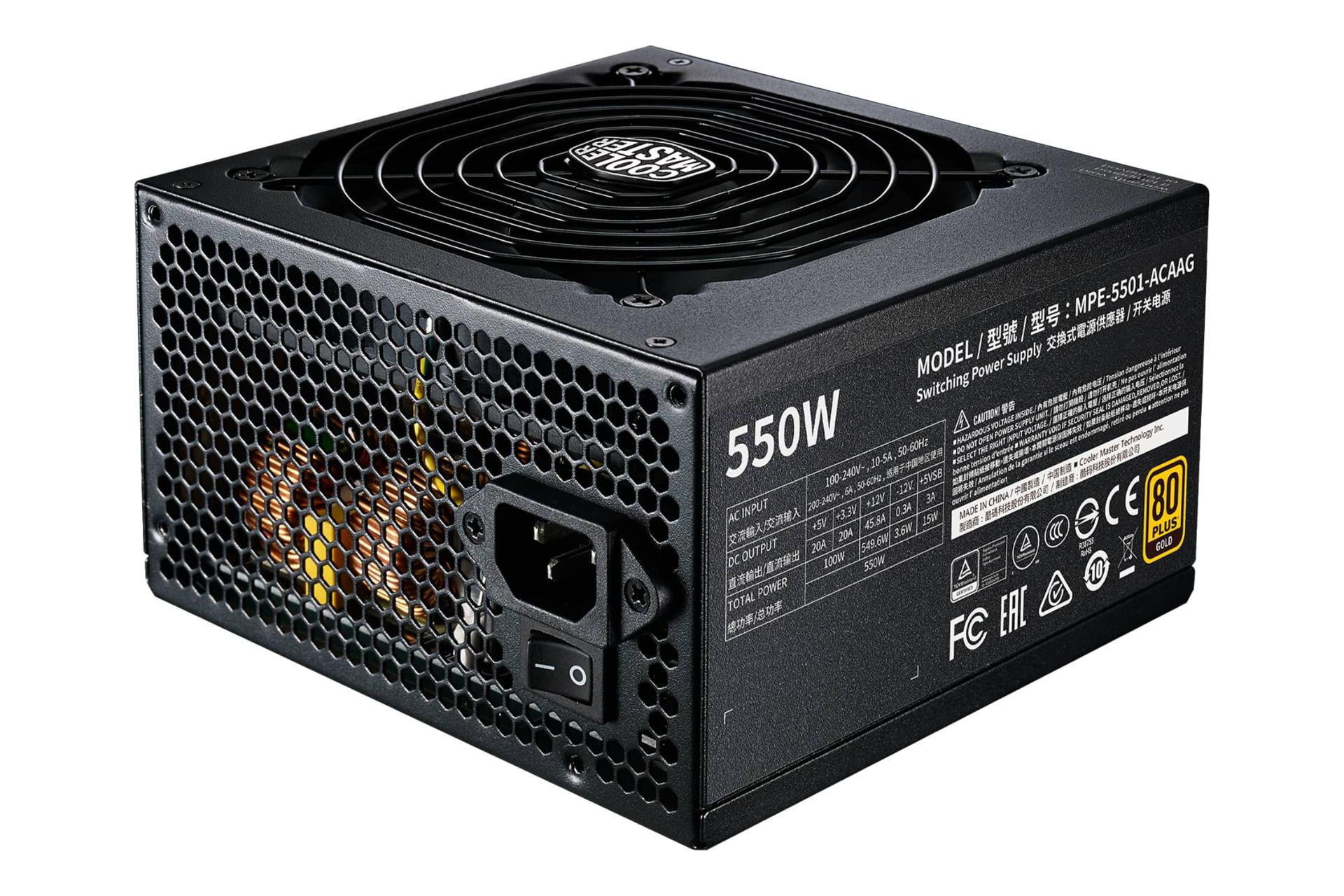 نمای نیمرخ پاور کامپیوتر کولر مستر MWE GOLD 550 V2 با توان 550 وات با نمایش برچسب اطلاعات، فن، لوگو و درگاه برق