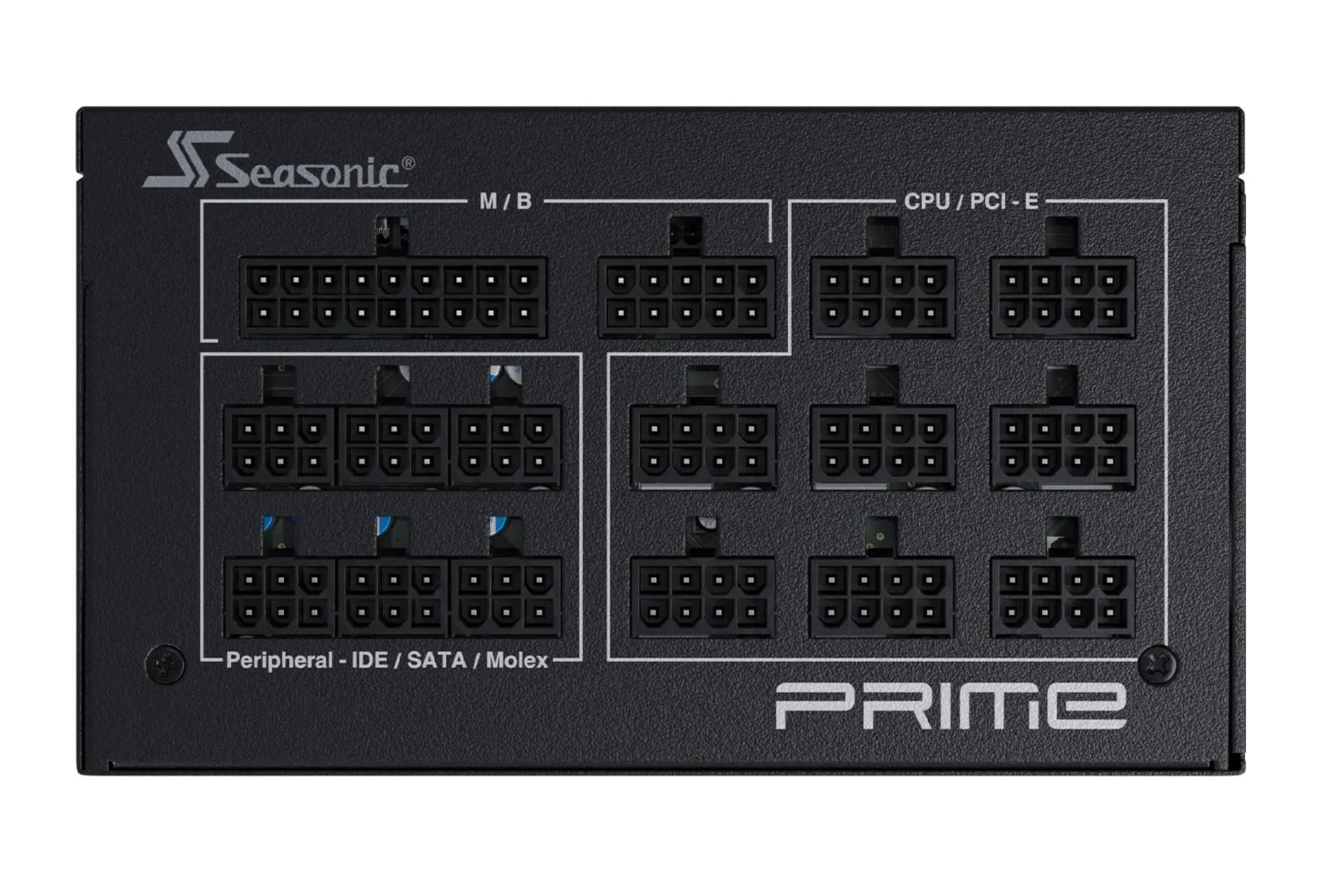 نمای اتصالات پاور کامپیوتر سی سونیک PRIME PX با توان 1000 وات با نمایش لوگو