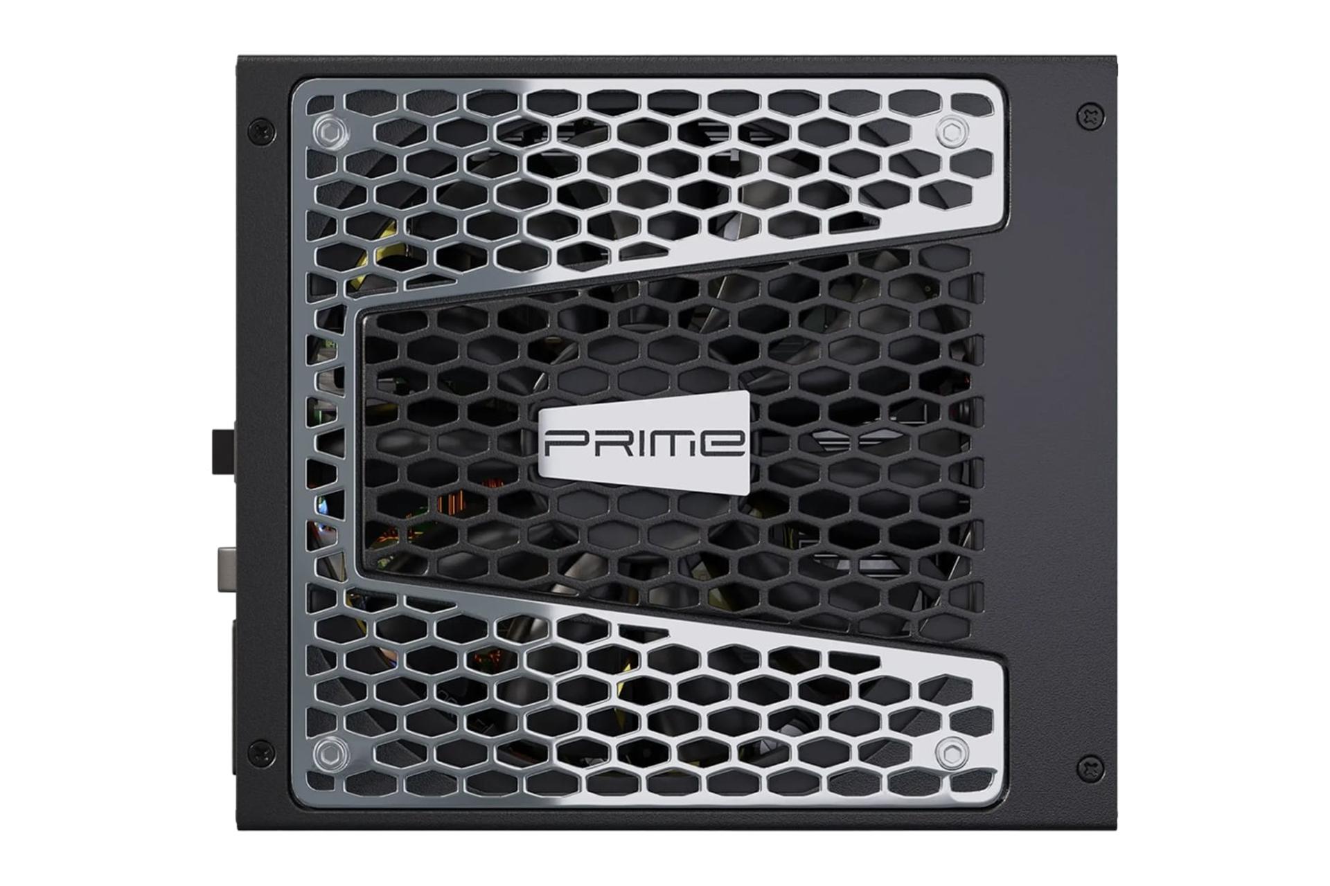 نمای پنل زیر پاور کامپیوتر سی سونیک PRIME PX با توان 1000 وات با نمایش فن و لوگو