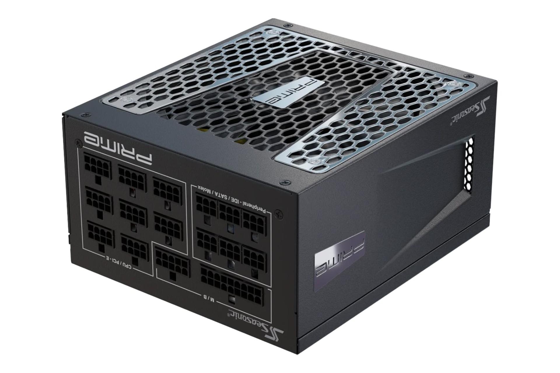 نمای نیمرخ پاور کامپیوتر سی سونیک PRIME PX با توان 1000 وات با نمایش لوگو و اتصالات