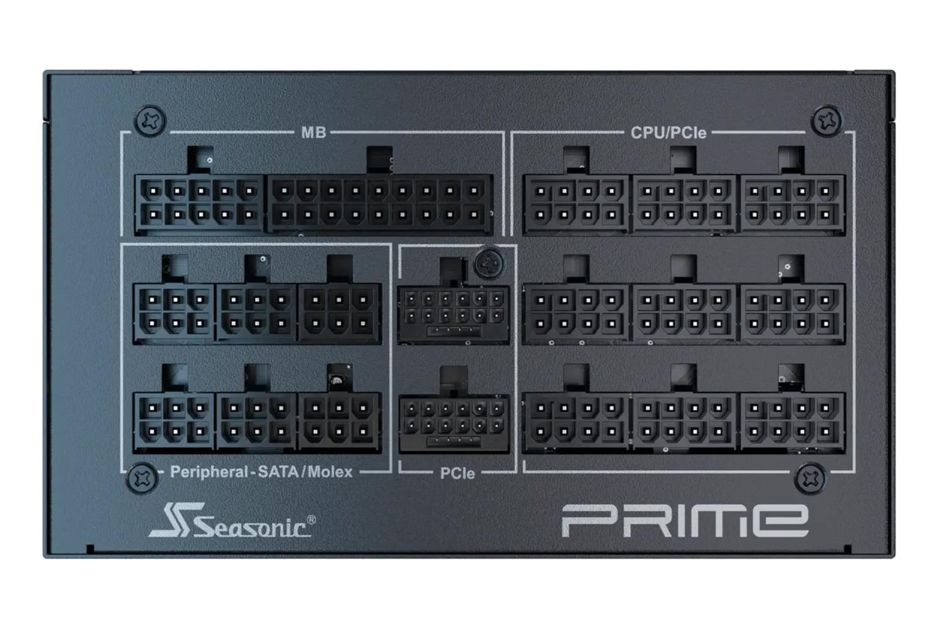 نمای اتصالات پاور کامپیوتر سی سونیک PRIME PX ATX 3.1 با توان 1600 وات با نمایش لوگو