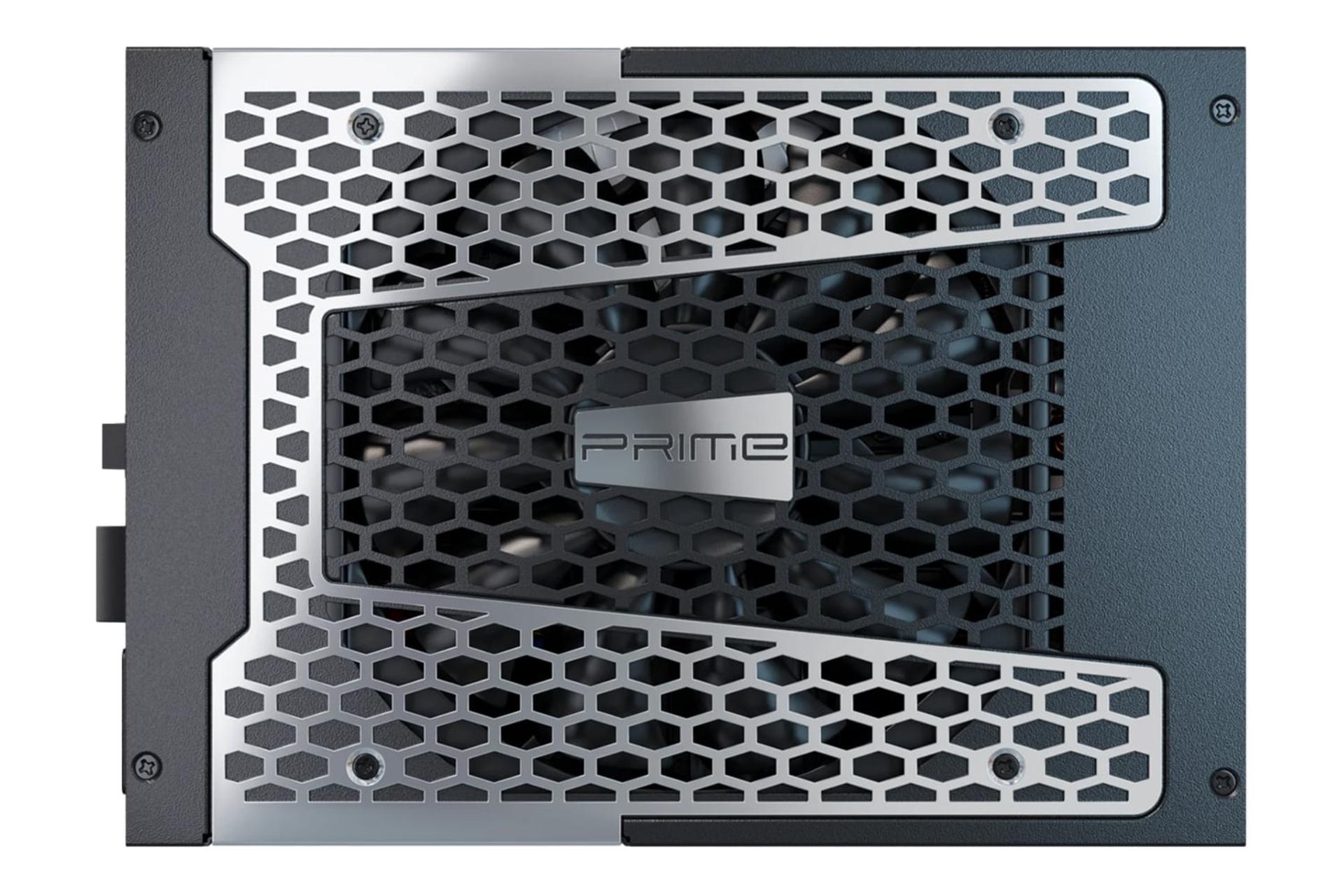 نمای پنل زیر پاور کامپیوتر سی سونیک PRIME PX ATX 3.1 با توان 1600 وات با نمایش فن و لوگو