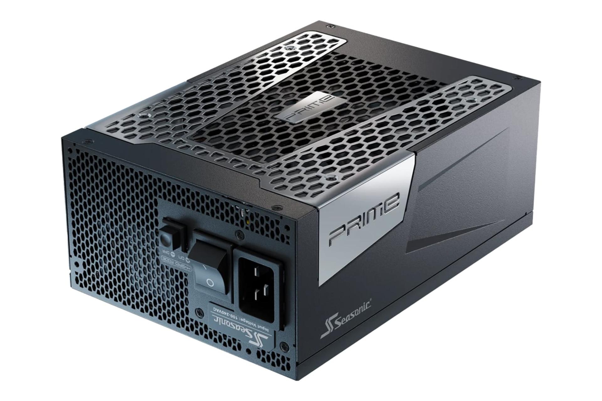 نمای نیمرخ پاور کامپیوتر سی سونیک PRIME PX ATX 3.1 با توان 1600 وات با نمایش لوگو، درگاه برق و فن