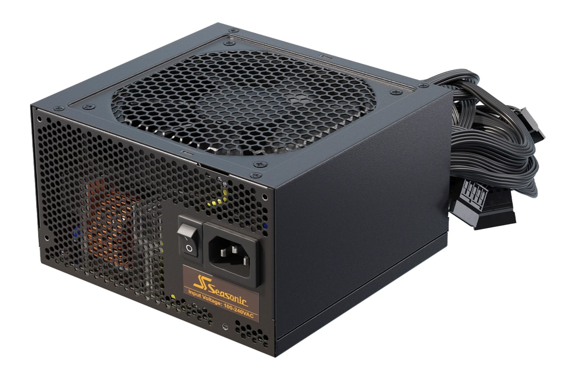 نمای نیمرخ پاور کامپیوتر سی سونیک B12 BC با توان 750 وات با نمایش کابل‌ها، درگاه برق و لوگو