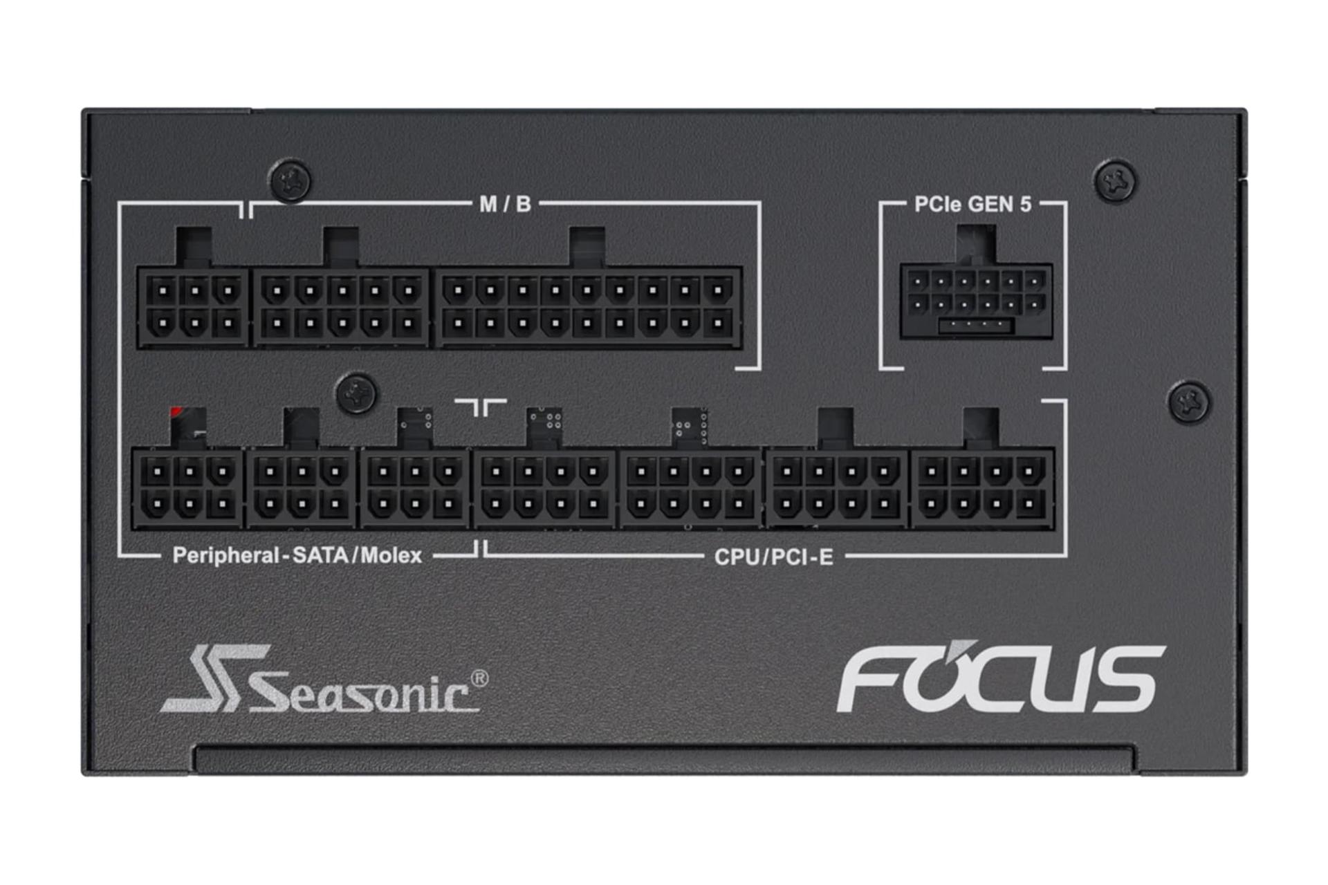 نمای اتصالات پاور کامپیوتر سی سونیک FOCUS GX ATX 3.0 با توان 750 وات با نمایش لوگو