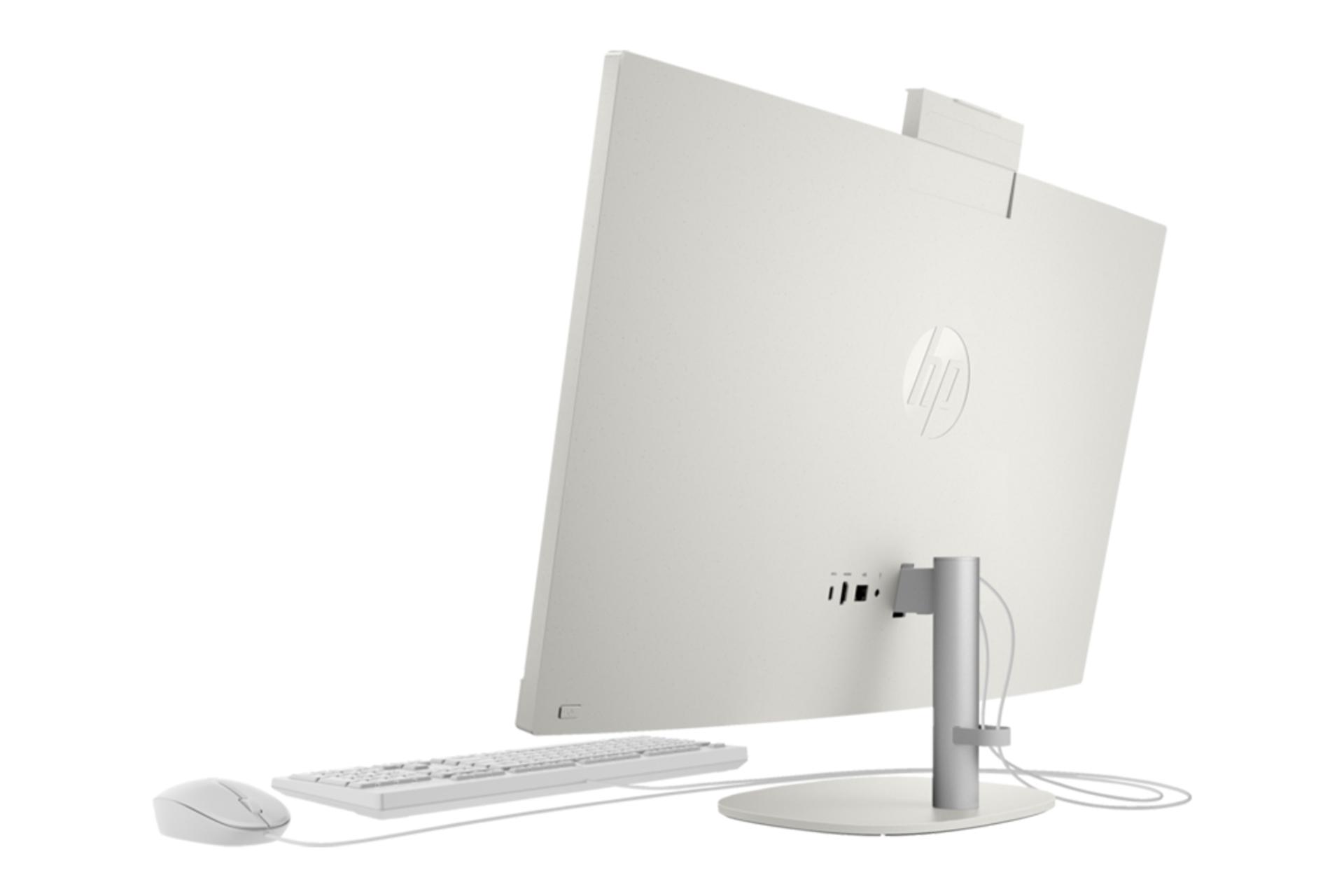 نمای نیمرخ پنل پشت کامپیوتر همه کاره 27-cr0156nh اچ پی با نمایش لوگو، پایه و درگاه‌ها