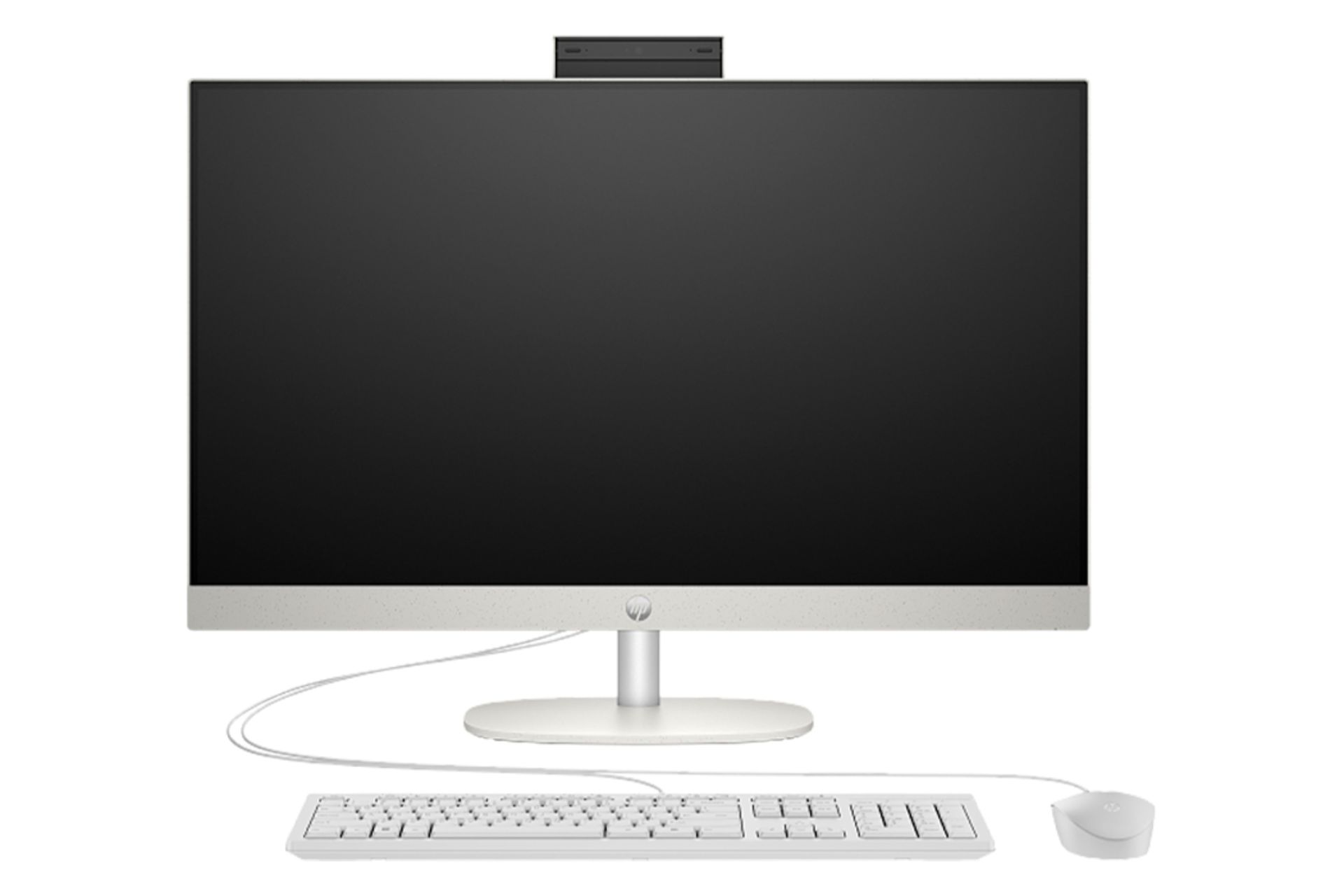 نمای روبه‌روی کامپیوتر همه کاره 27-cr0156nh اچ پی با نمایش وبکم، نمایشگر و ماوس و کیبورد