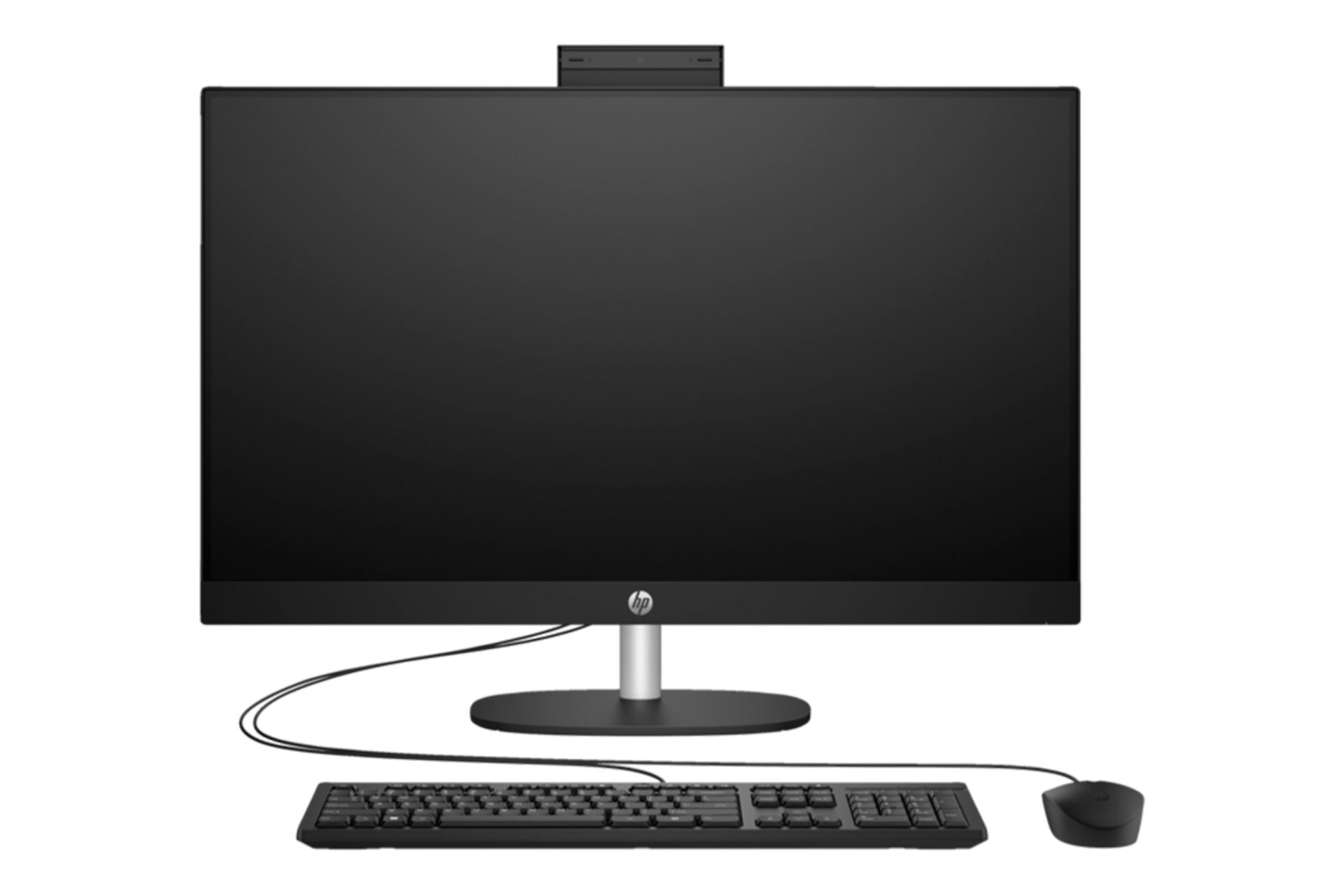 نمای روبه‌روی کامپیوتر همه کاره 27-cr0155nh اچ پی با نمایش وبکم، نمایشگر و ماوس و کیبورد