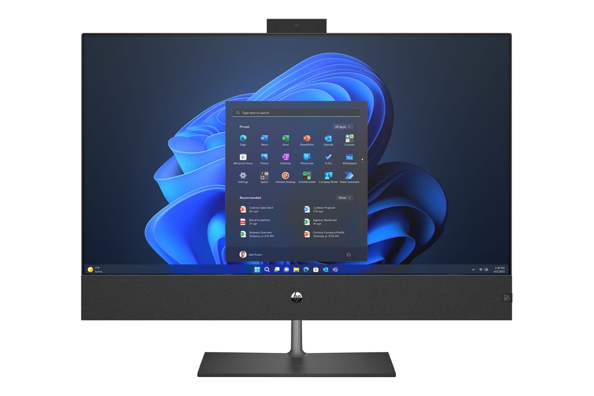 نمای روبه‌روی کامپیوتر همه‌کاره Pavilion 32-b1033nh اچ پی با نمایشگر روشن و نمایش وبکم