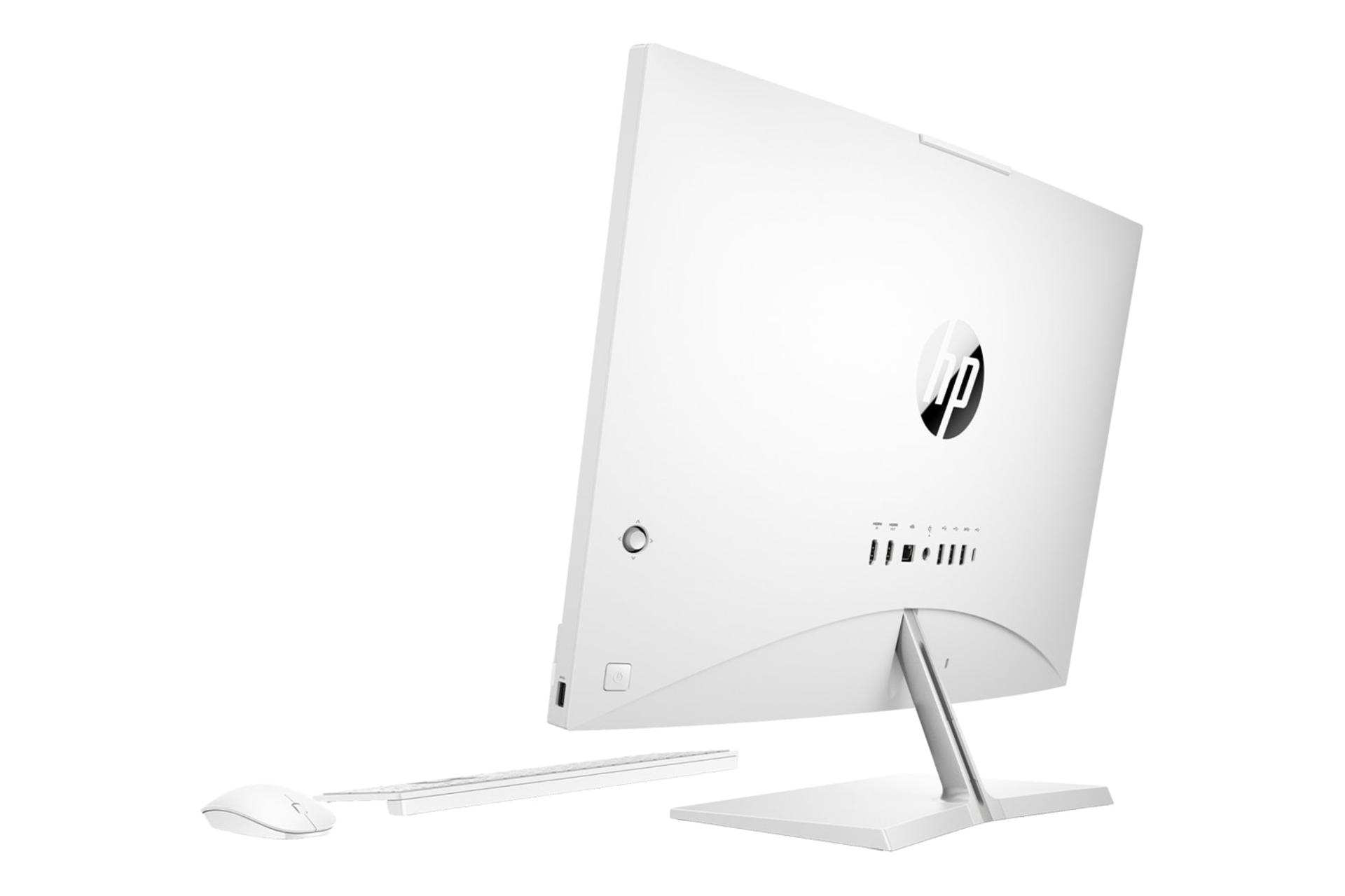 نمای نیمرخ پنل پشت کامپیوتر همه‌کاره Pavilion 24 CA2187 اچ پی با نمایش لوگو، پایه و درگاه‌ها