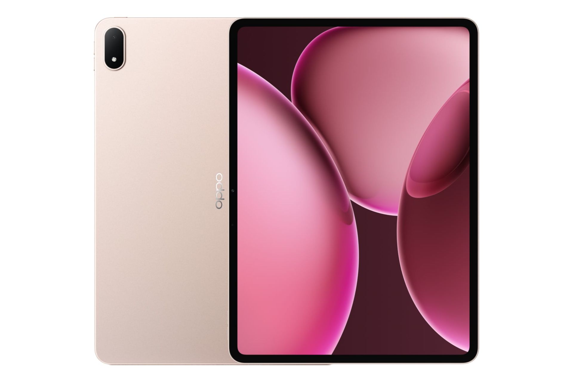 نمای کلی تبلت اوپو پد 4 پرو / Oppo Pad 4 Pro با نمایشگر روشن و نمایش لوگو و دوربین پنل پشت