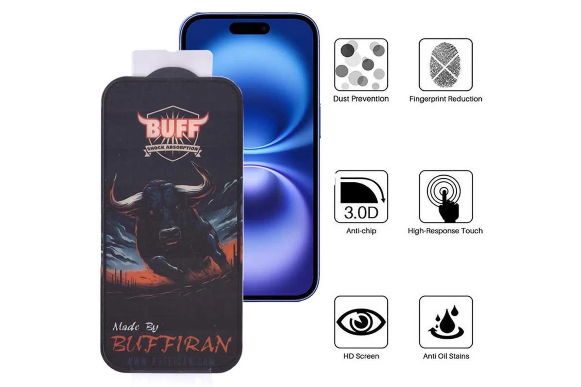 محافظ صفحه نمایش گوشی بوف مدل BullRun Buffer مناسب اپل iPhone 16 / 15