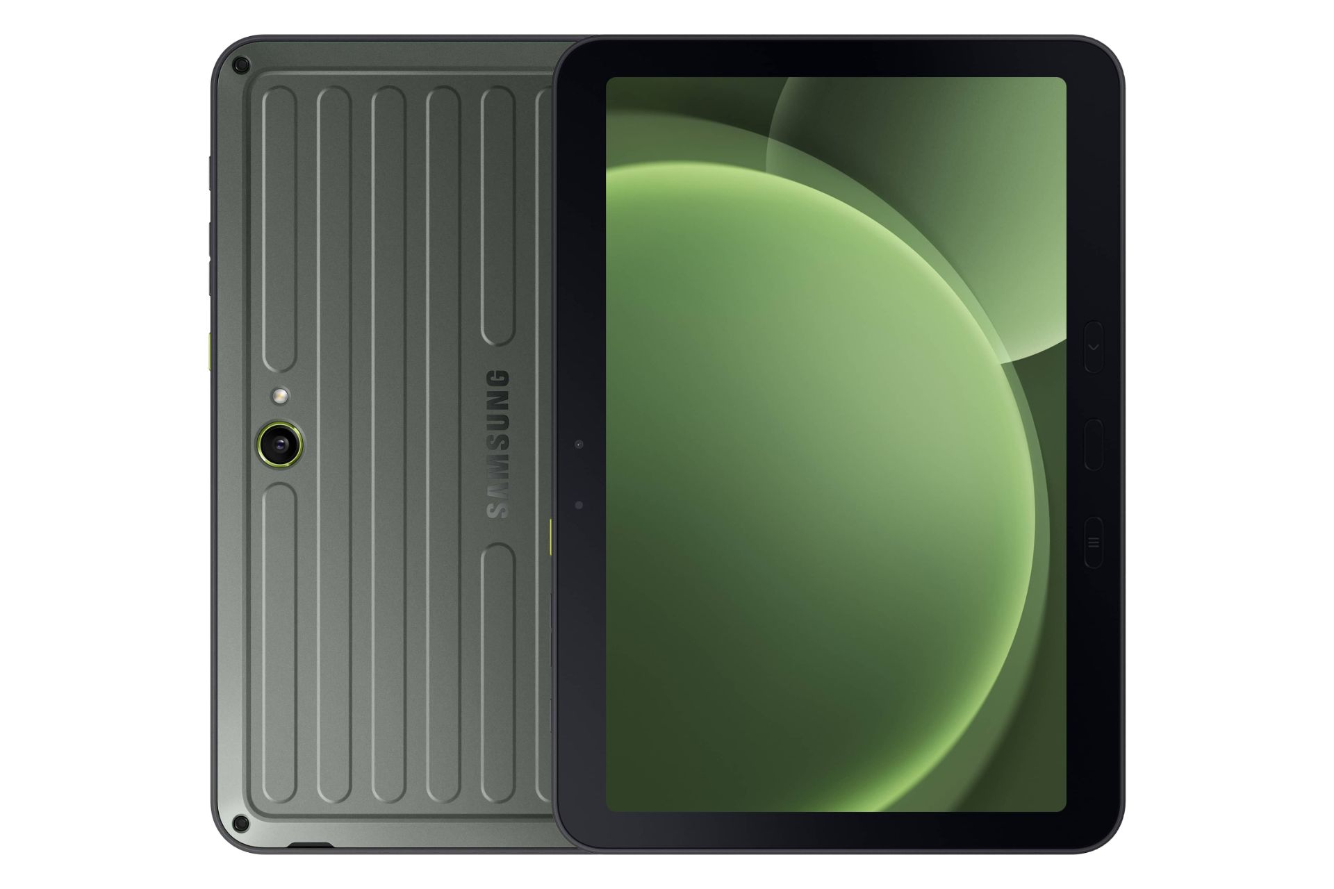 نمای کلی تبلت گلکسی تب اکتیو 5 پرو سامسونگ / Samsung Galaxy Tab Active5 Pro با نمایشگر روشن و نمایش لوگو و دوربین پنل پشت