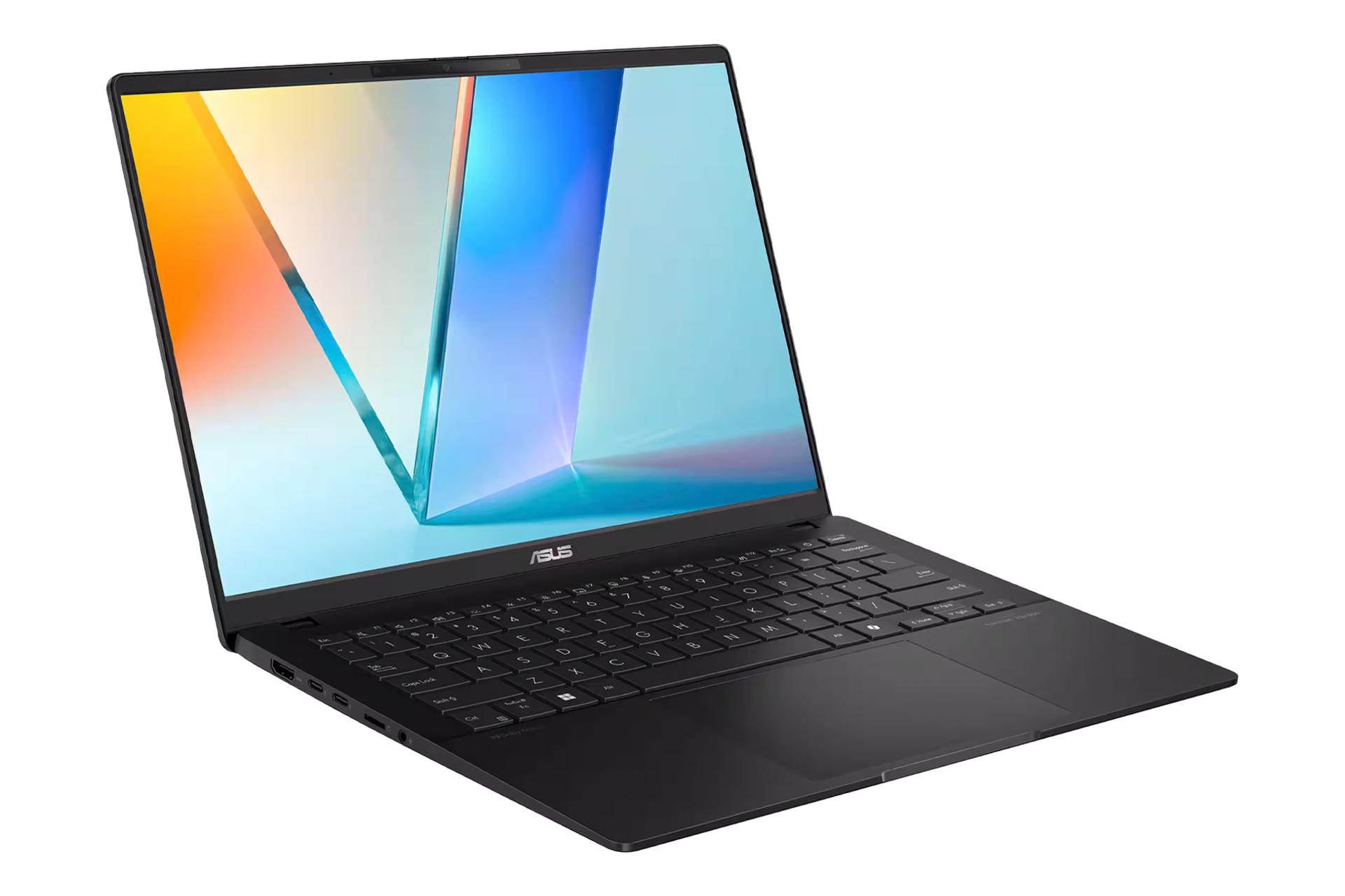 نمای نیمرخ لپ تاپ Vivobook S 14 Q423SA ایسوس با نمایشگر روشن و نمایش لبه‌ی سمت چپ