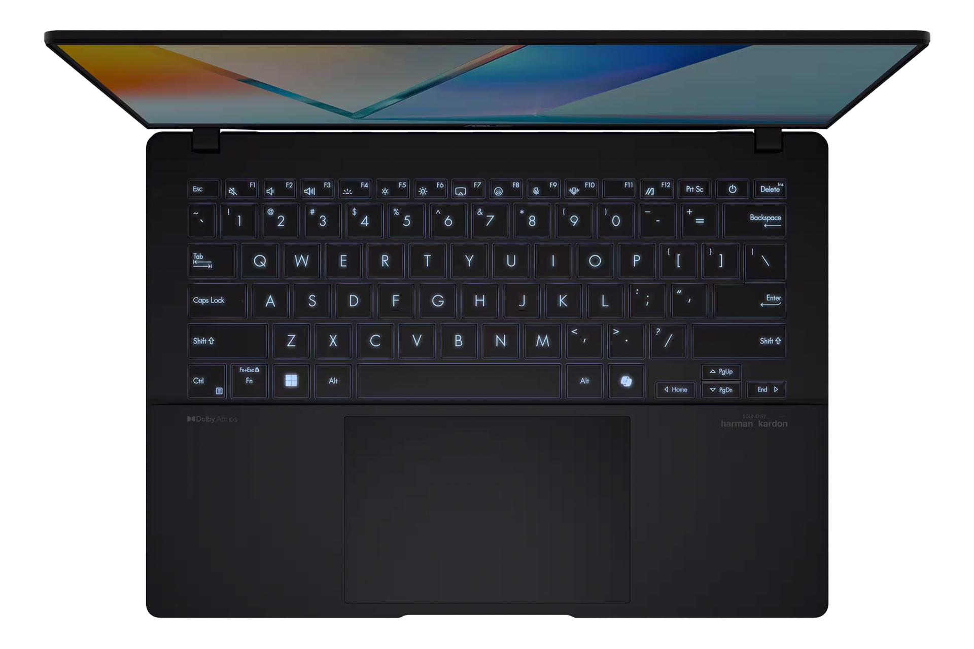 نمای بالای لپ تاپ Vivobook S 14 Q423SA ایسوس با نمایش نورپردازی کیبورد و ترک‌پد