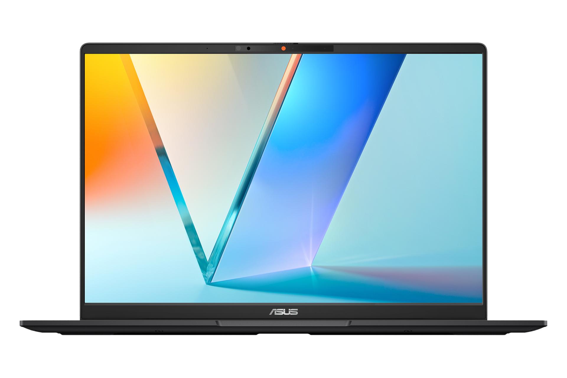 نمای روبه‌روی لپ تاپ Vivobook S 14 Q423SA ایسوس با نمایشگر روشن و نمایش لبه‌ جلویی و لوگو