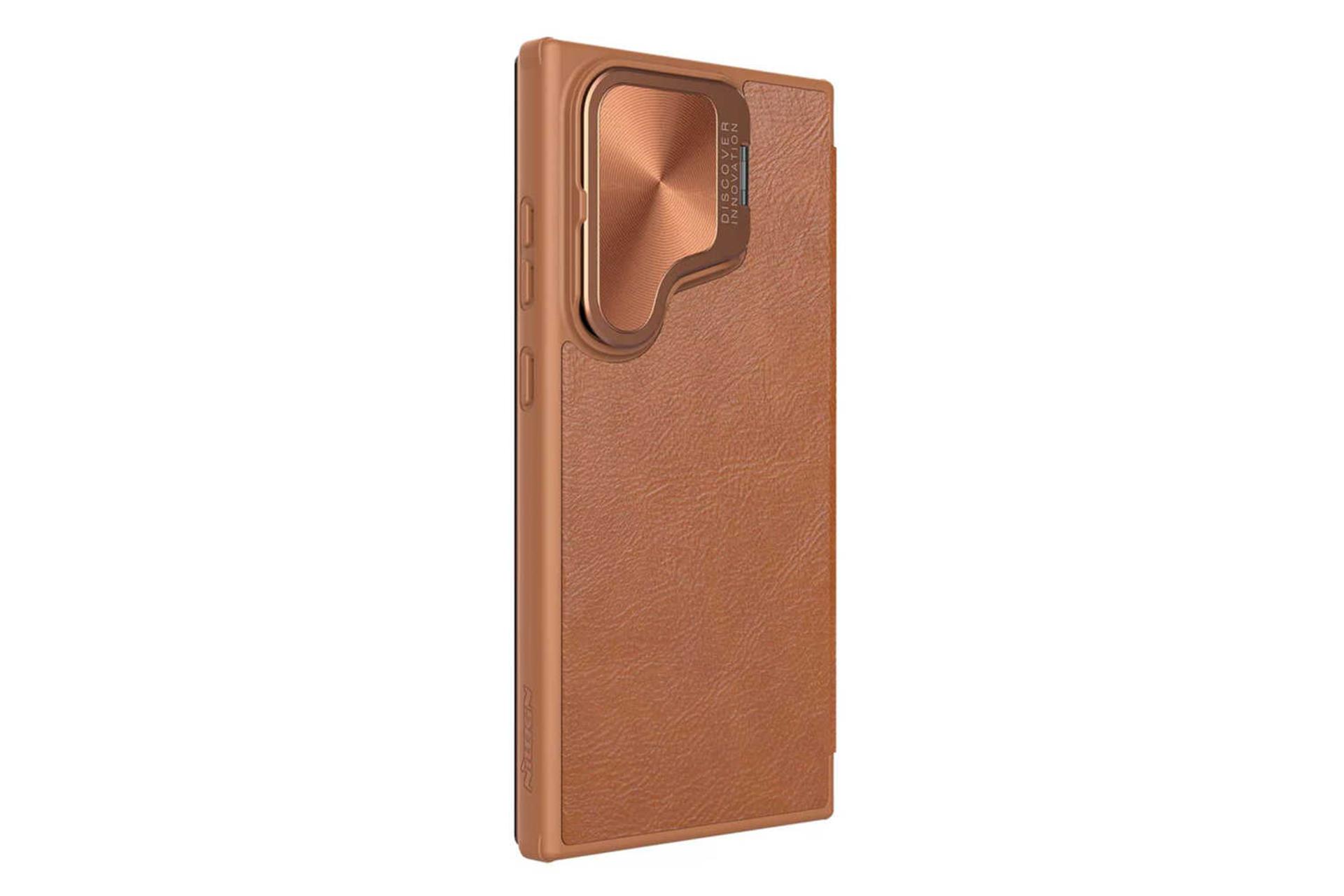 نمای سمت چپ قاب گوشی کیف کلاسوری نیلکین مدل Qin Prop Leather Classic Cloth مناسب سامسونگ Galaxy S24 Ultra رنگ قهوه‌ای