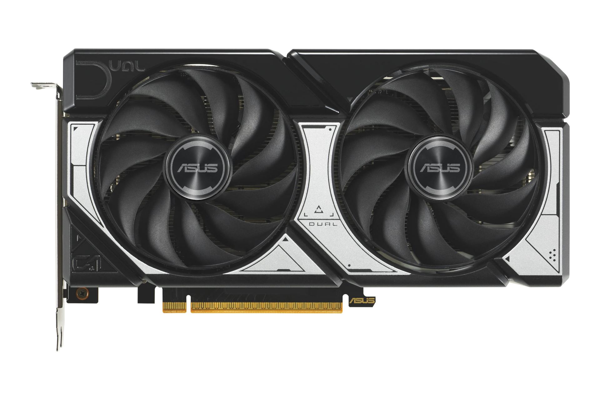 مرجع متخصصين ايران نماي زير كارت گرافيك انويديا جي فورس RTX 5060 مدل ASUS DUAL با نمايش لوگو، فن‌ها و كانكتور