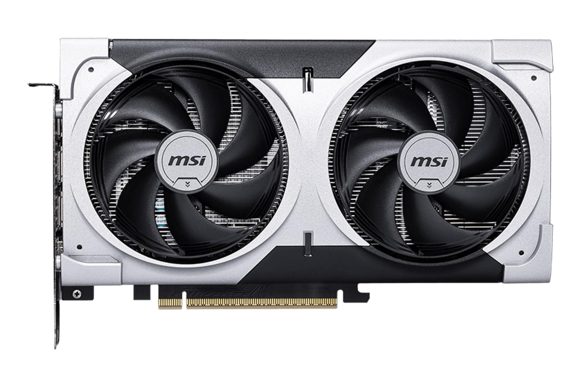 مرجع متخصصين ايران نماي زير كارت گرافيك انويديا جي فورس RTX 5060 Ti نسخه 8 گيگابايت مدل MSI VENTUS 2X PLUS با نمايش فن، لوگو و كانكتور