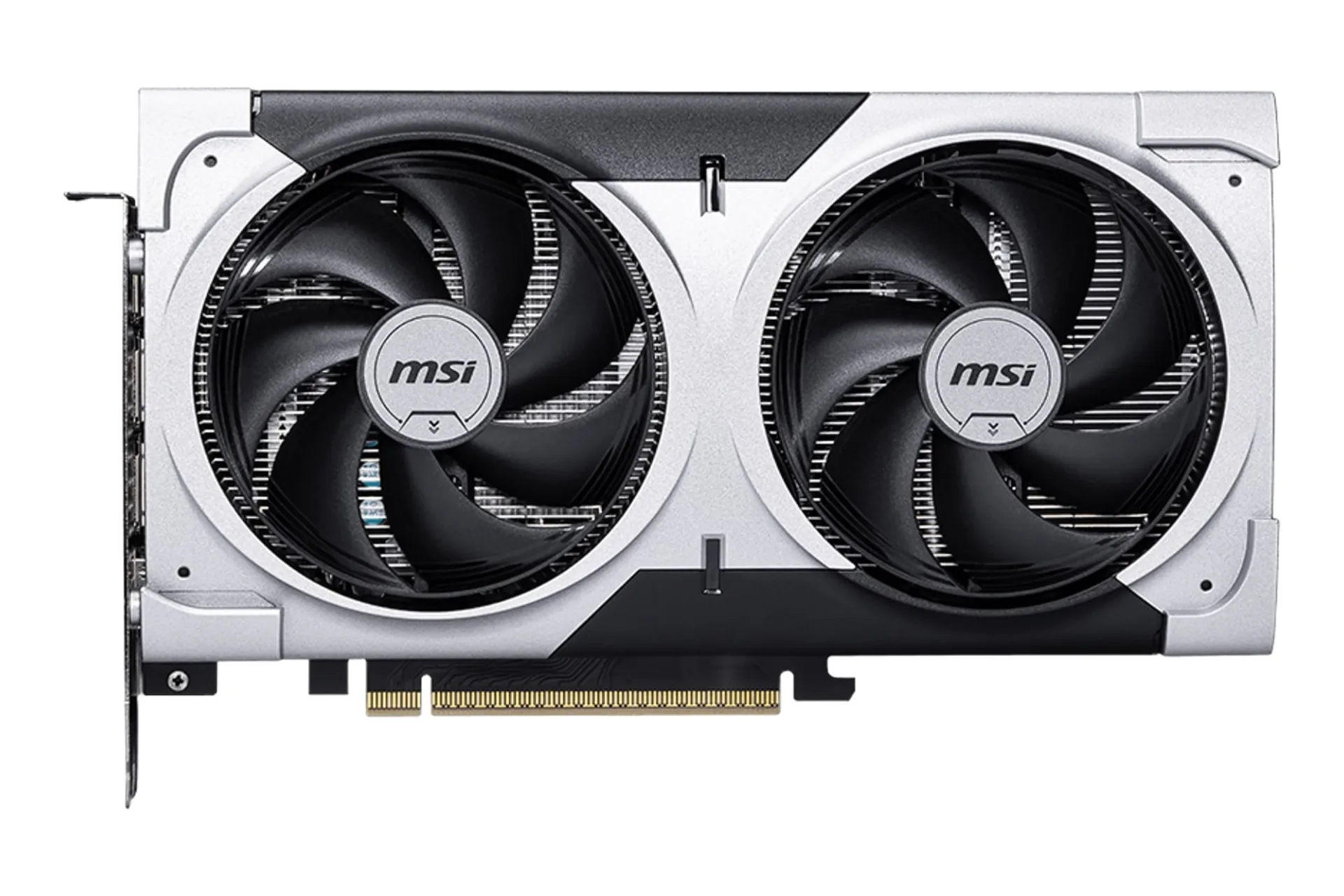 نمای زیر کارت گرافیک انویدیا جی فورس RTX 5060 Ti نسخه 8 گیگابایت مدل MSI VENTUS 2X PLUS با نمایش فن، لوگو و کانکتور