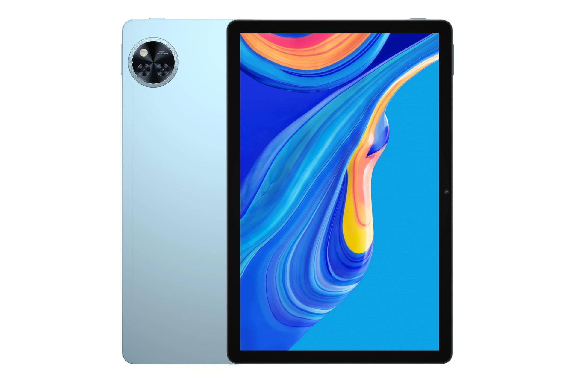نمای کلی تبلت U11 پرو دوجی / Doogee U11 Pro با نمایشگر روشن و نمایش لوگو و دوربین پنل پشت رنگ آبی