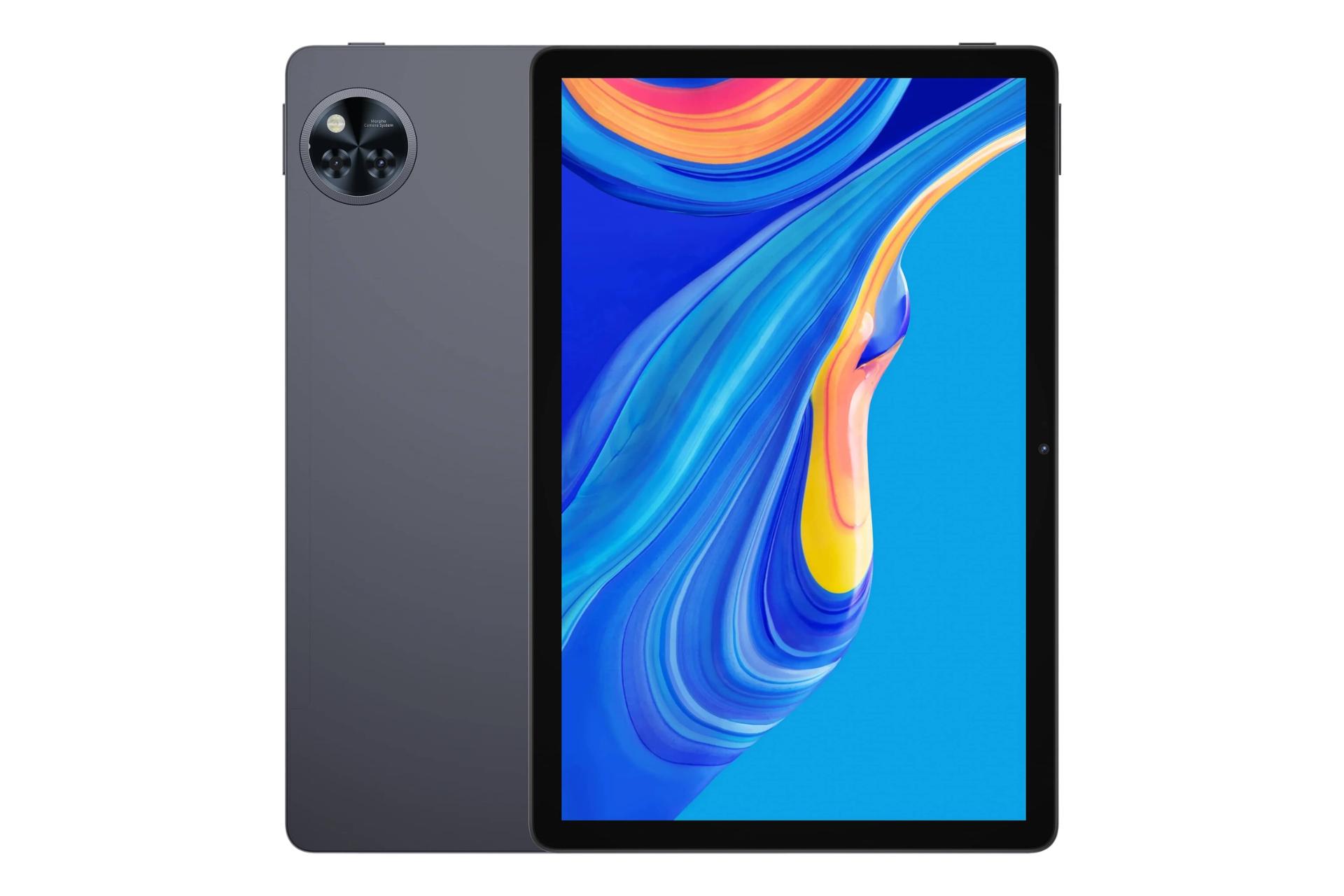 نمای کلی تبلت U11 پرو دوجی / Doogee U11 Pro با نمایشگر روشن و نمایش لوگو و دوربین پنل پشت رنگ خاکستری