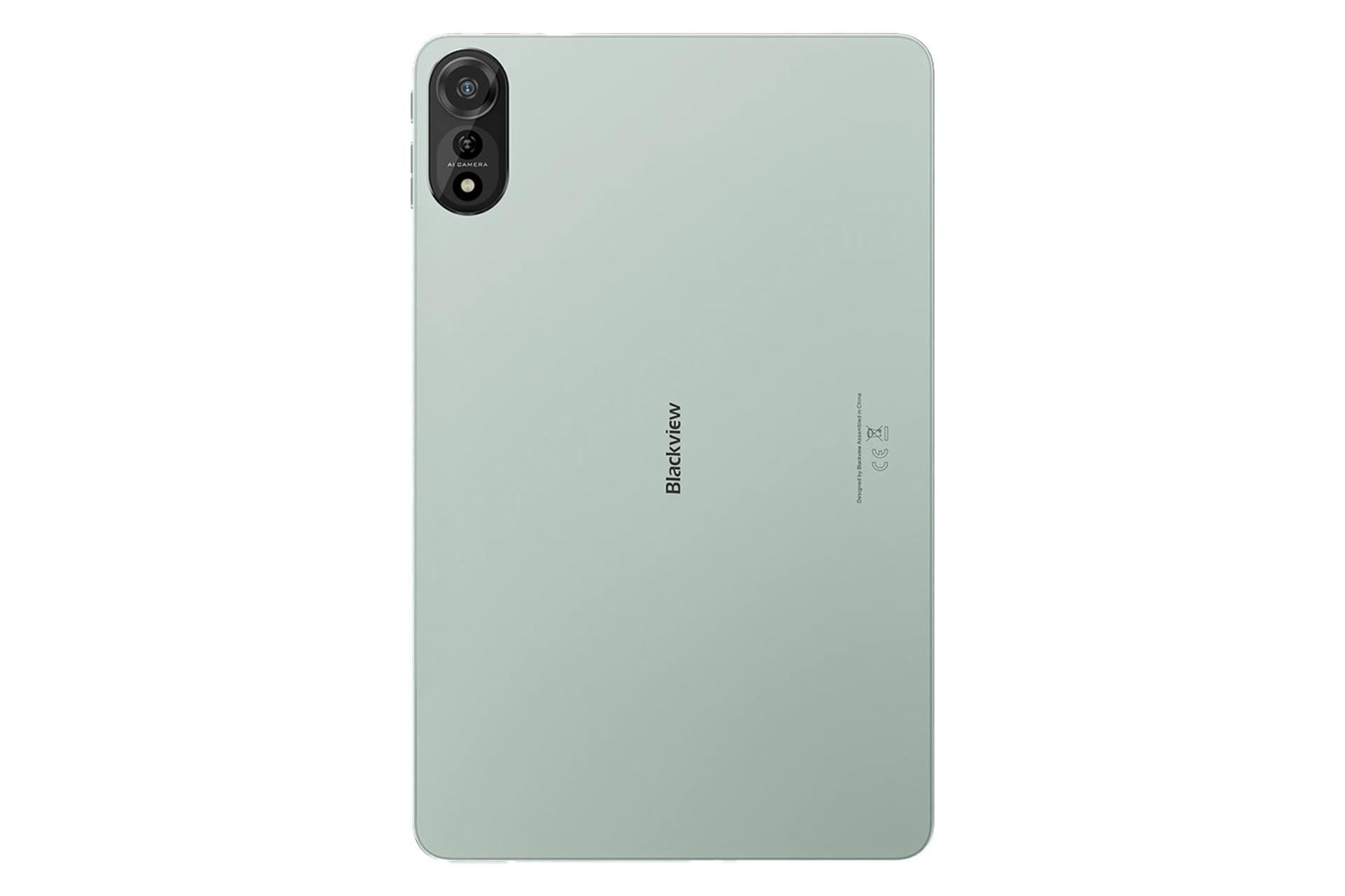 نمای پنل پشت تبلت مگا 2 WiFi بلک ویو / Blackview Mega 2 WiFi با نمایش لوگو و دوربین پنل پشت رنگ سبز روشن