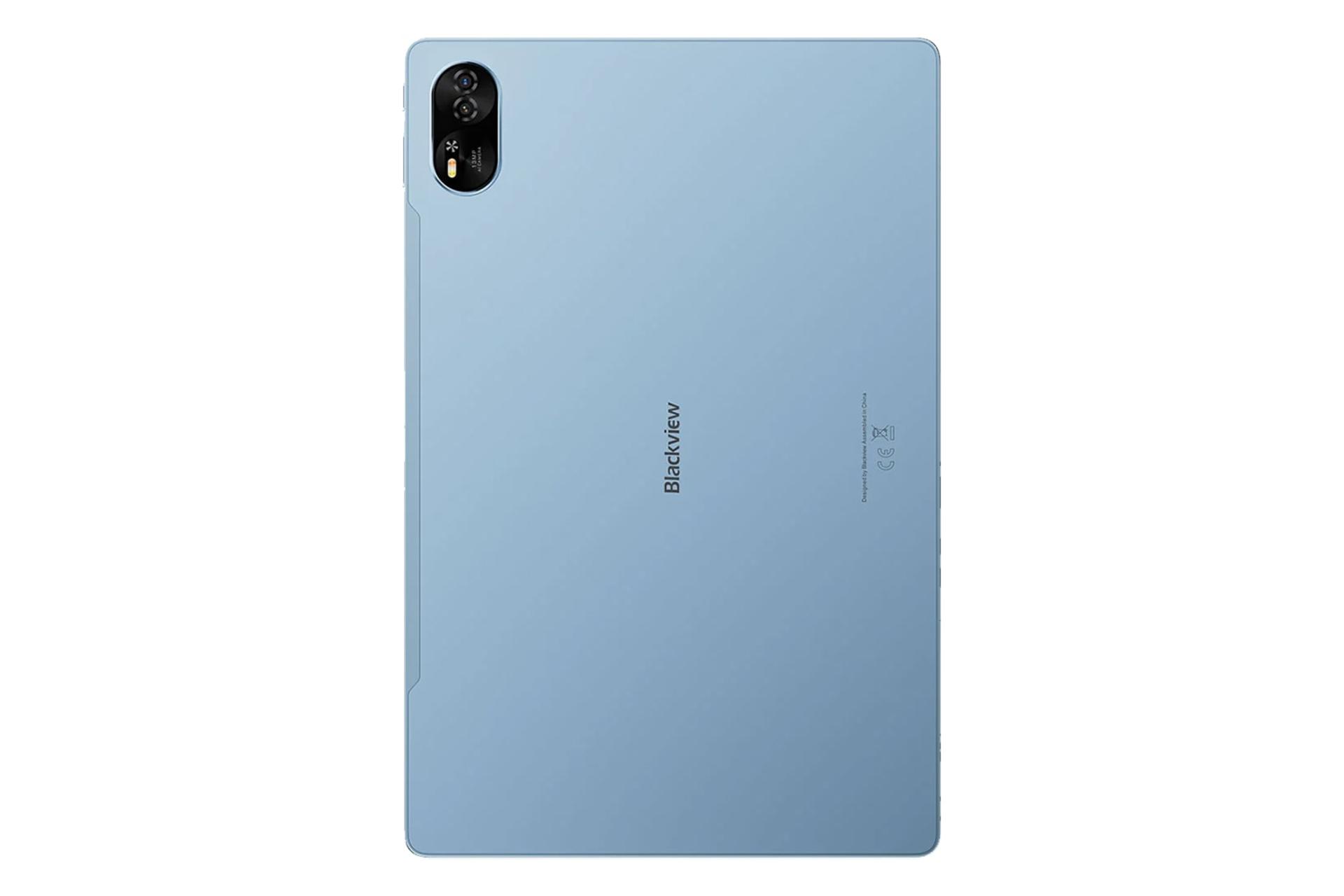 نمای پنل پشت تبلت مگا 8 بلک ویو / Blackview Mega 8 با نمایش لوگو و دوربین رنگ آبی