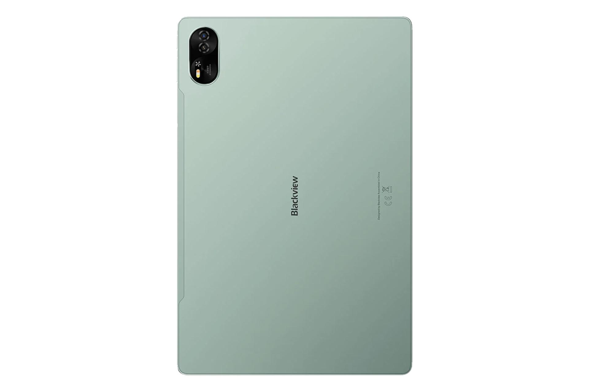 نمای پنل پشت تبلت مگا 8 بلک ویو / Blackview Mega 8 با نمایش لوگو و دوربین رنگ سبز