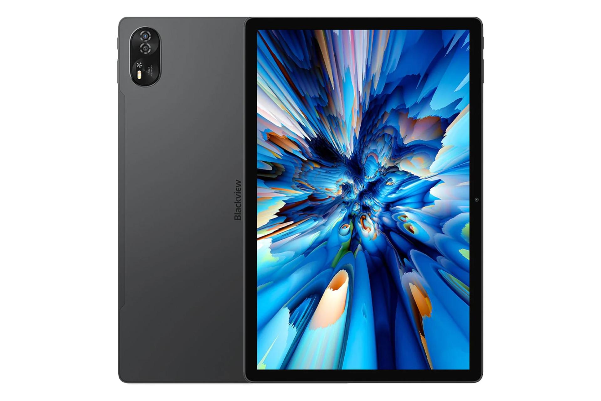 نمای کلی تبلت مگا 8 بلک ویو / Blackview Mega 8 با نمایشگر روشن و نمایش لوگو و دوربین پنل پشت