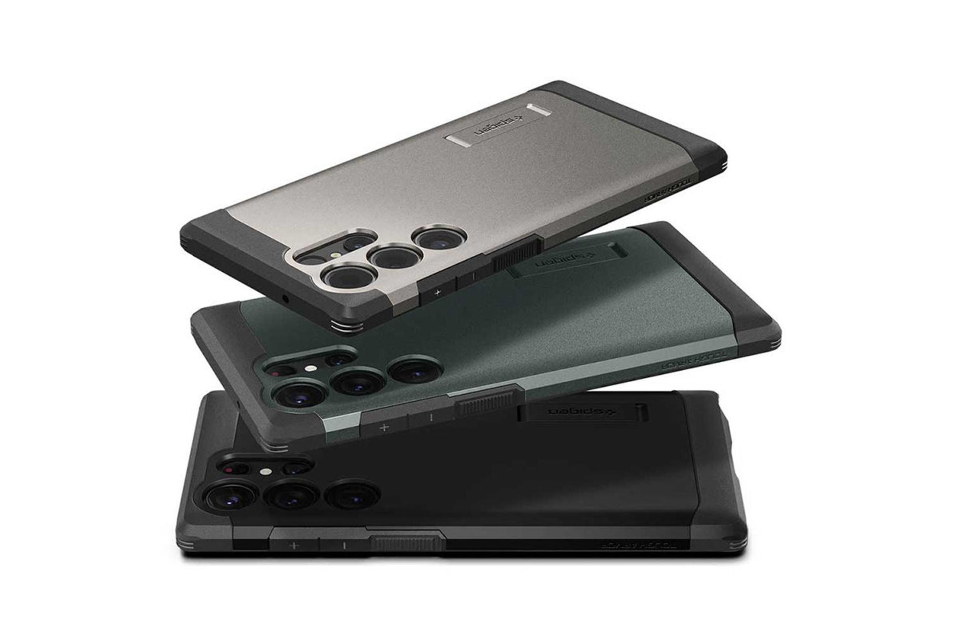 قاب گوشی اسپیگن Spigen Tough Armor Samsung Galaxy S23 Ultra رنگ مشکی و سبز و خاکستری