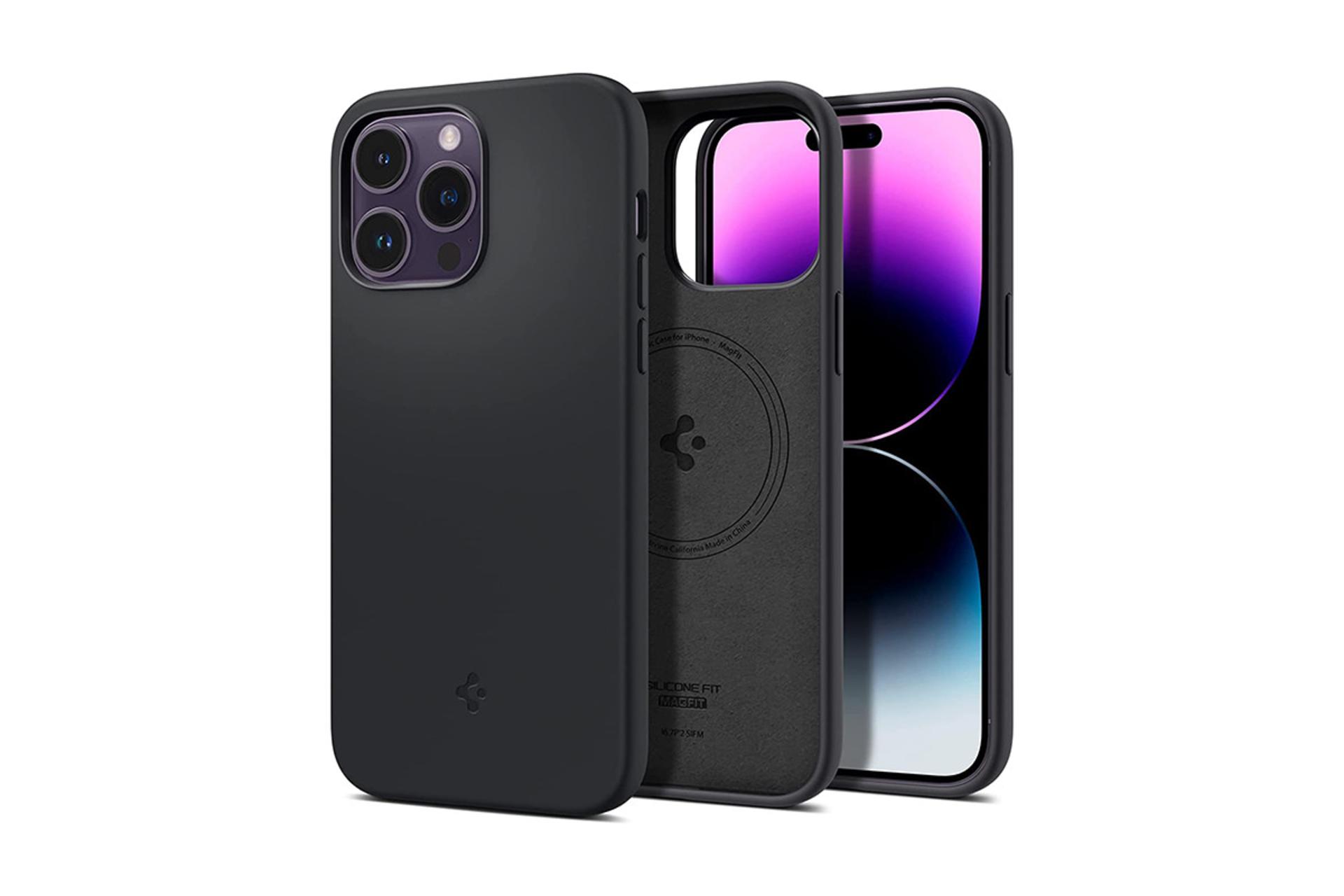 قاب گوشی اسپیگن Spigen Silicone Fit MagFit Apple iPhone 14 Pro Max رنگ مشکی روی گوشی