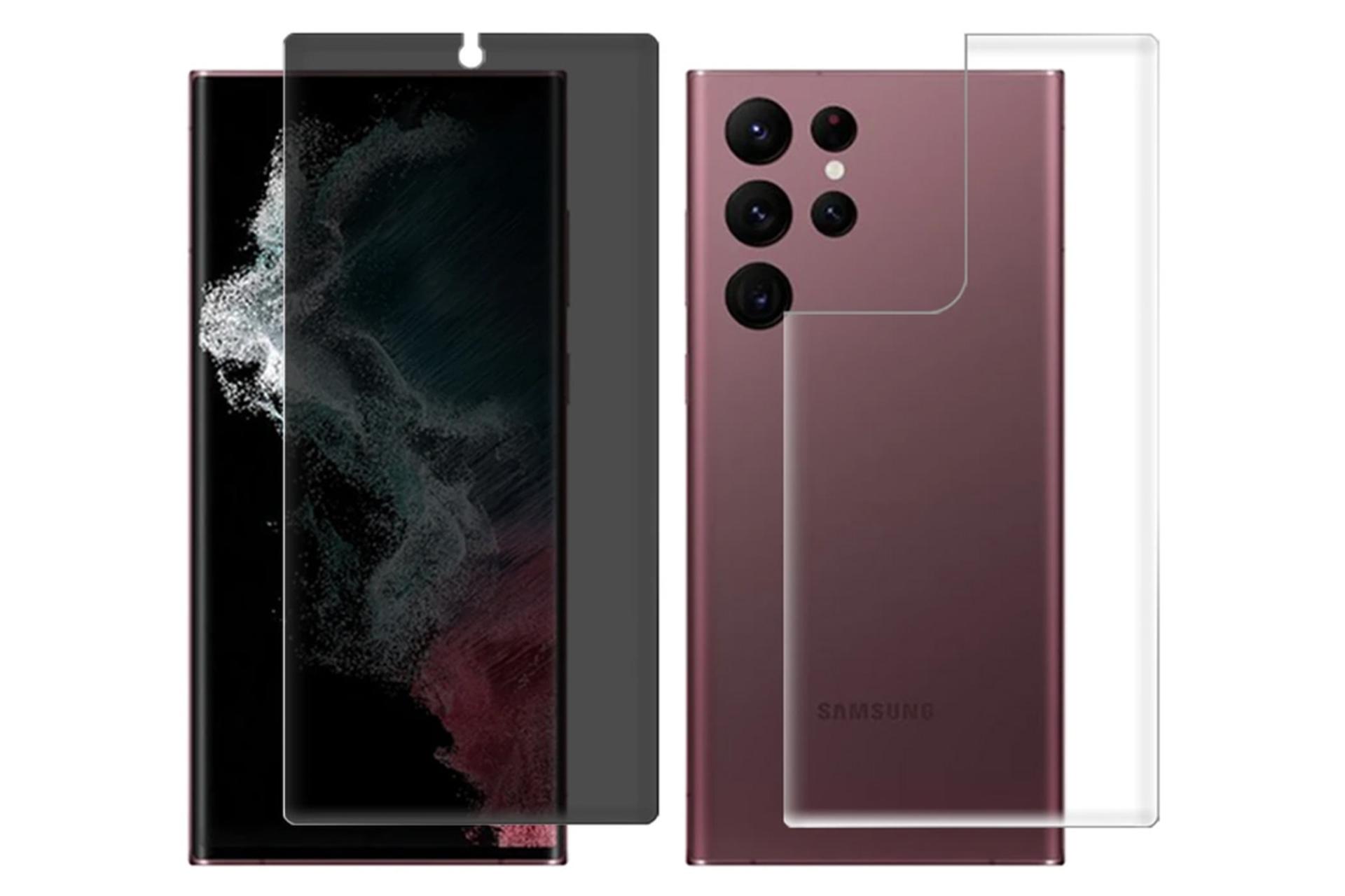 شفافیت محافظ صفحه نمایش گوشی بادیگارد مدل حریم شخصی HydroGel مناسب سامسونگ Galaxy S22 Ultra به همراه محافظ پشت گوشی