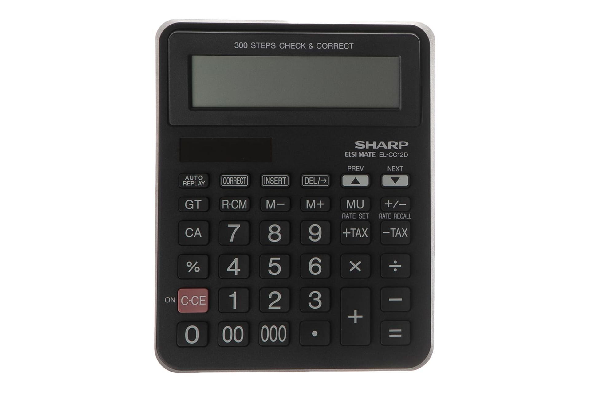 نمای بالای ماشین حساب شارپ EL-CC12D با نمایش صفحه کلید، لوگو و نمایشگر