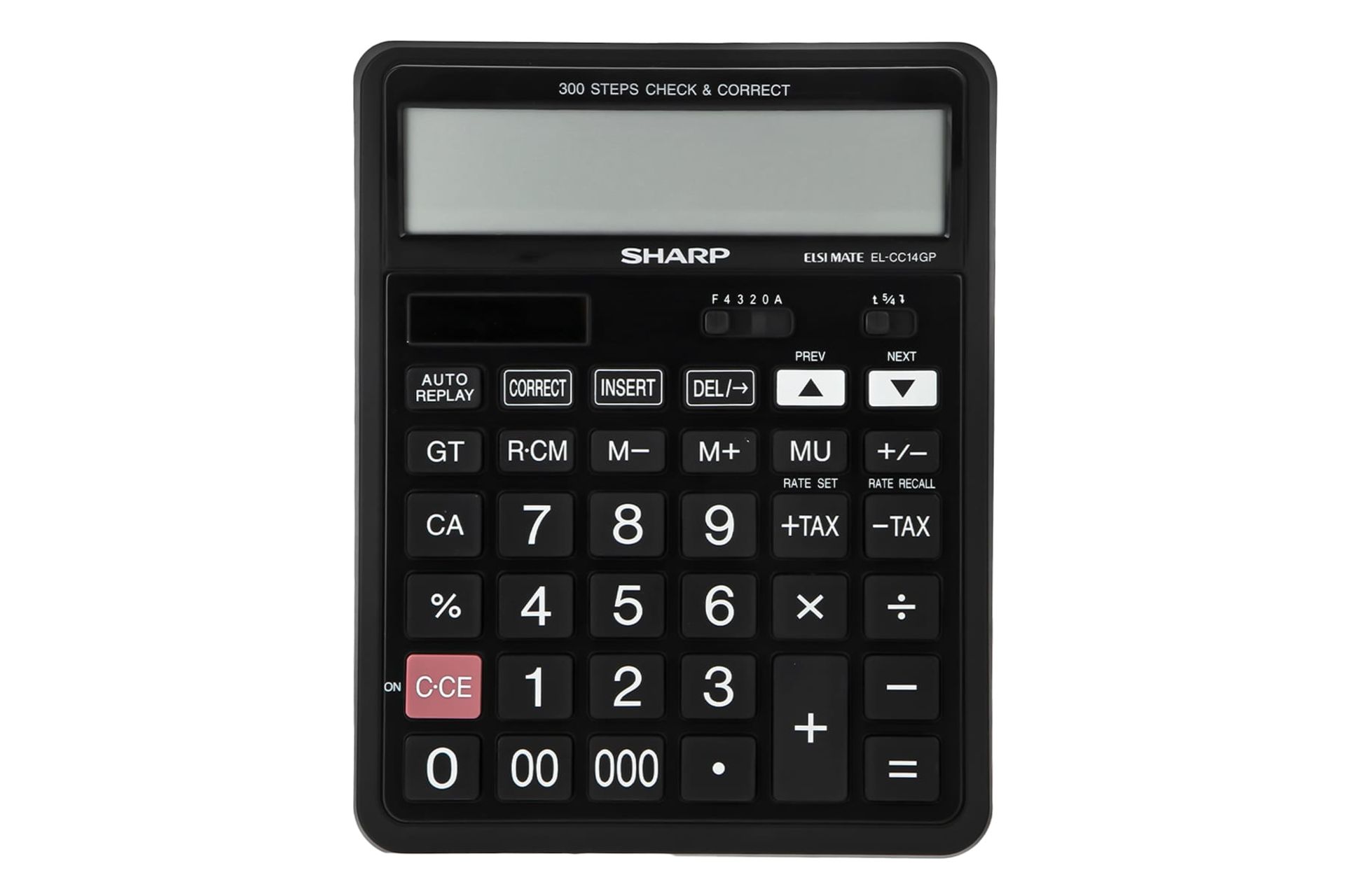 نمای بالای ماشین حساب شارپ EL-CC14GP با نمایش لوگو، نمایشگر و صفحه کلید