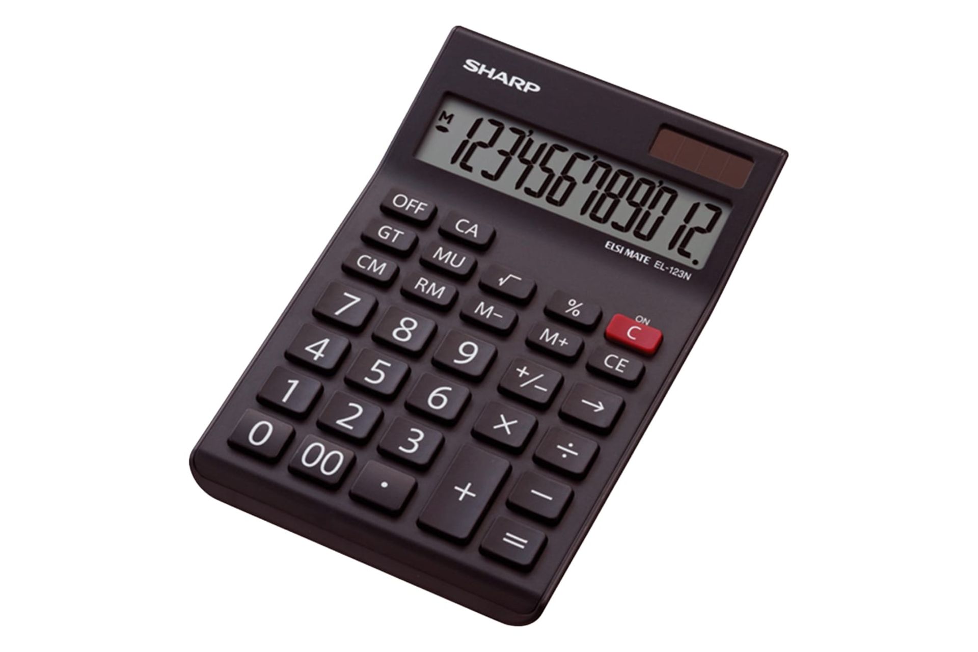نمای کلی ماشین حساب شارپ EL-123N با نمایشگر روشن و نمایش صفحه کلید و لوگو