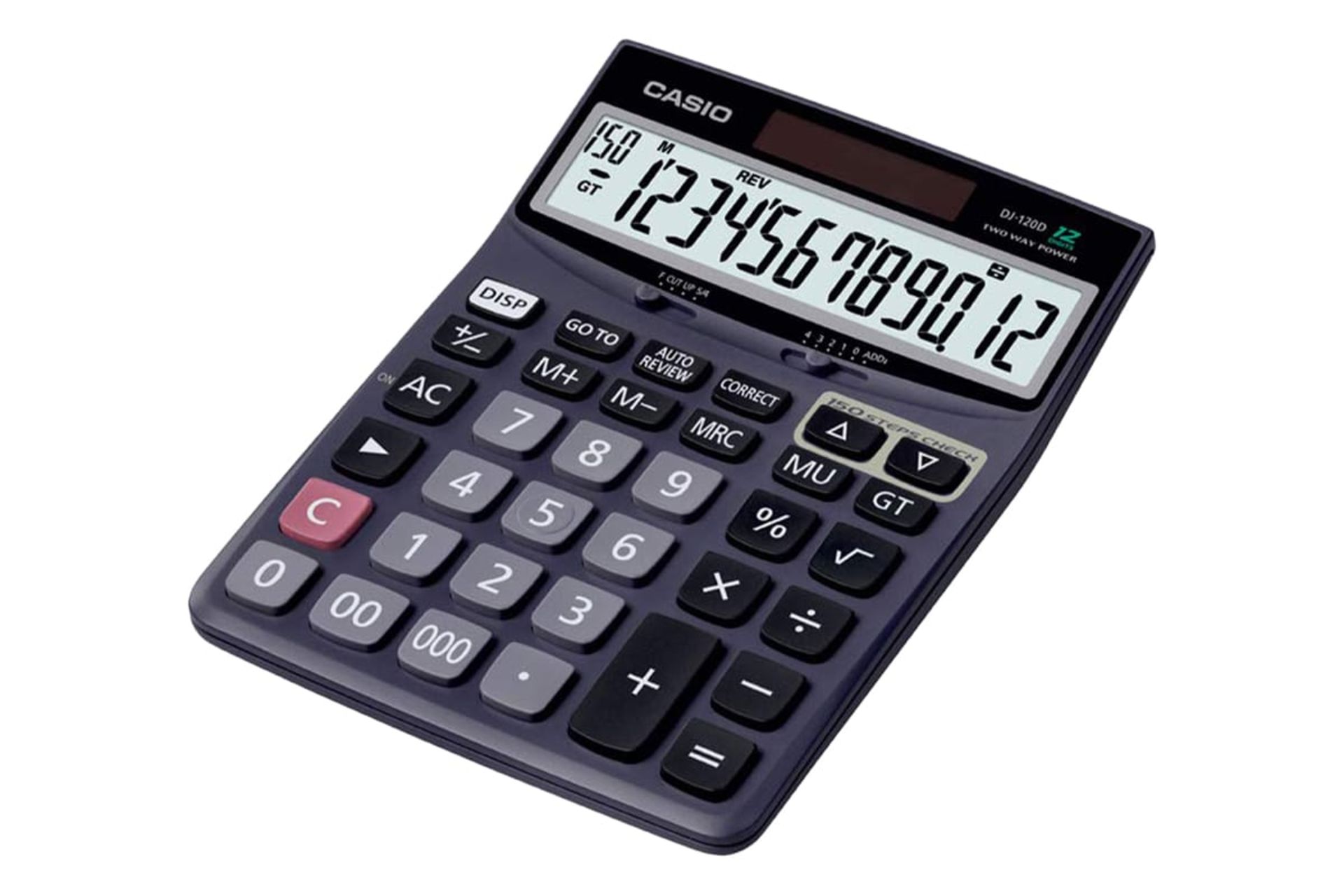 نمای نیمرخ ماشین حساب کاسیو DJ-120D با نمایشگر روشن و نمایش لوگو و صفحه کلید