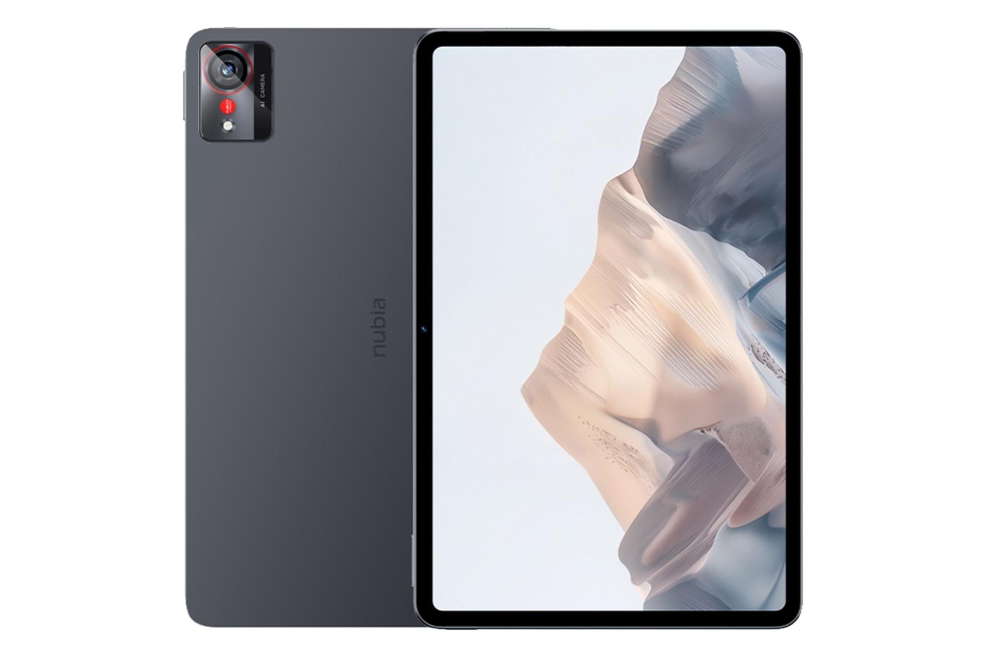 نمای کلی تبلت نوبیا تبلت پرو زد تی ای / ZTE nubia Tablet Pro با نمایشگر روشن و نمایش دوربین و لوگوی پنل پشت رنگ خاکستری