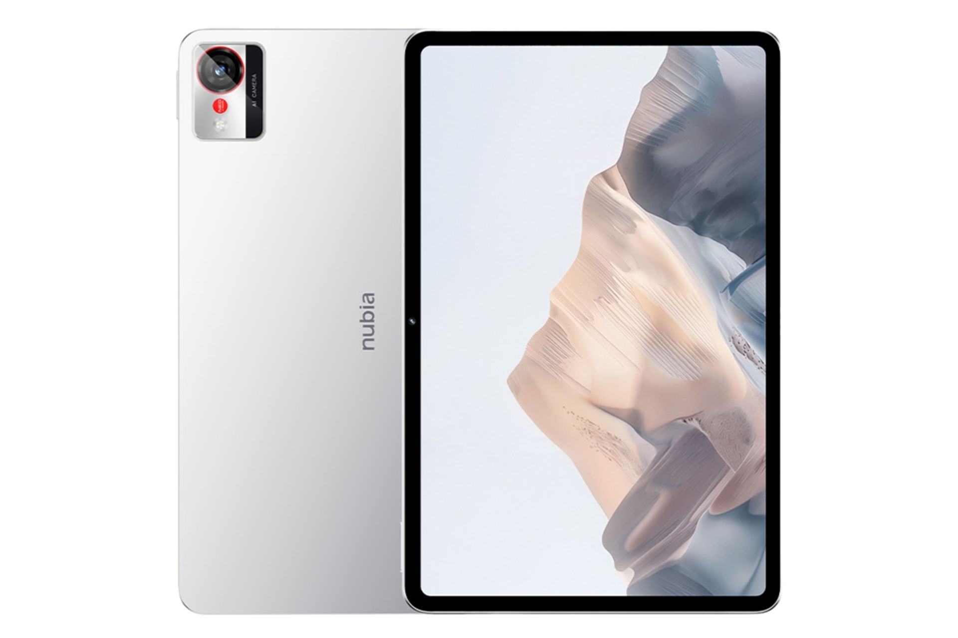 نمای کلی تبلت نوبیا تبلت پرو زد تی ای / ZTE nubia Tablet Pro با نمایشگر روشن و نمایش دوربین و لوگوی پنل پشت رنگ سفید