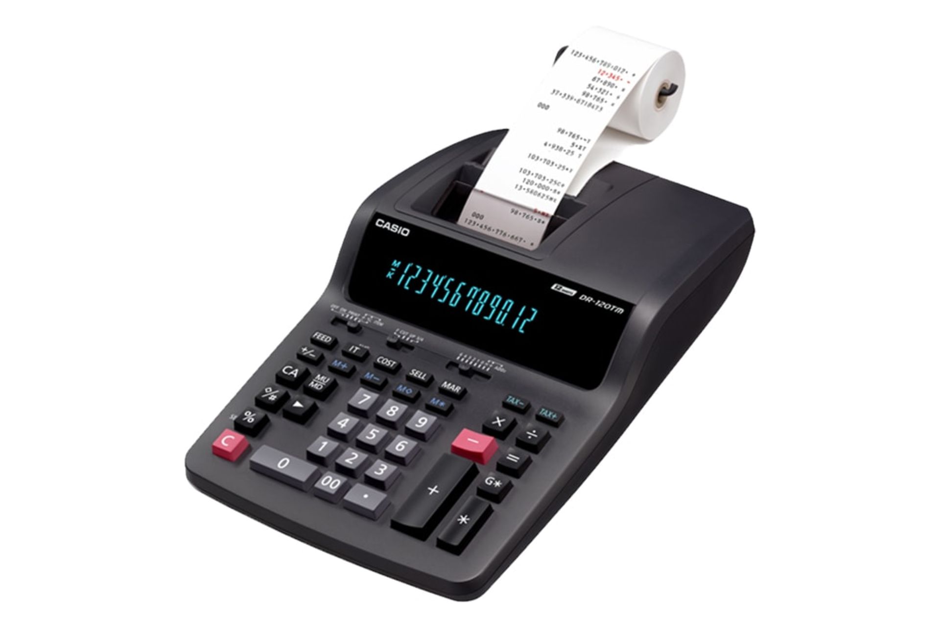 نمای نیمرخ ماشین حساب کاسیو DR-120TM با نمایشگر روشن و نمایش لوگو، صفحه کلید و چاپگر رنگ مشکی