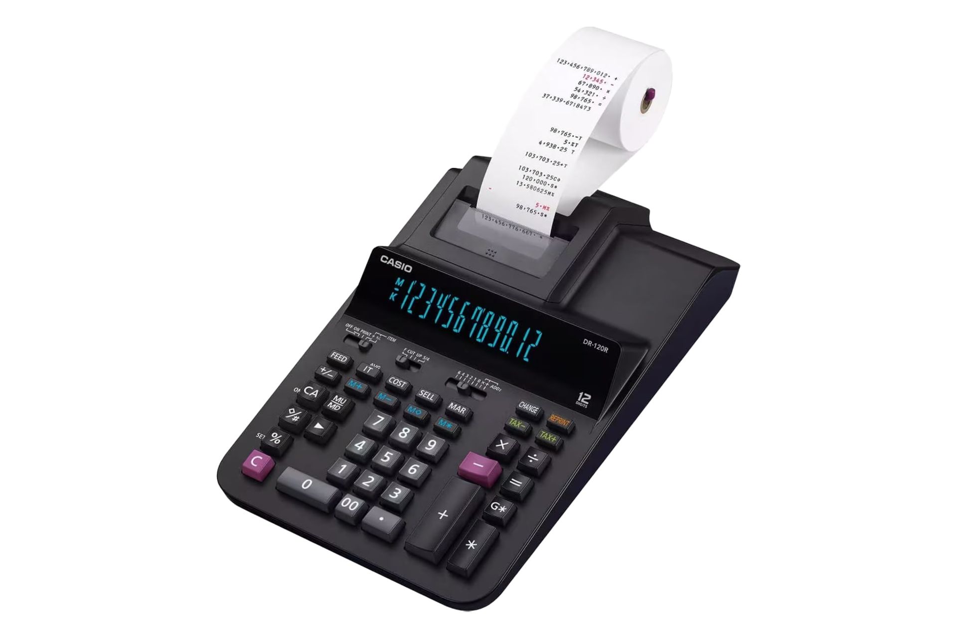 نمای نیمرخ ماشین حساب کاسیو DR-120R با نمایشگر روشن و نمایش صفحه کلید و چاپگر رنگ مشکی