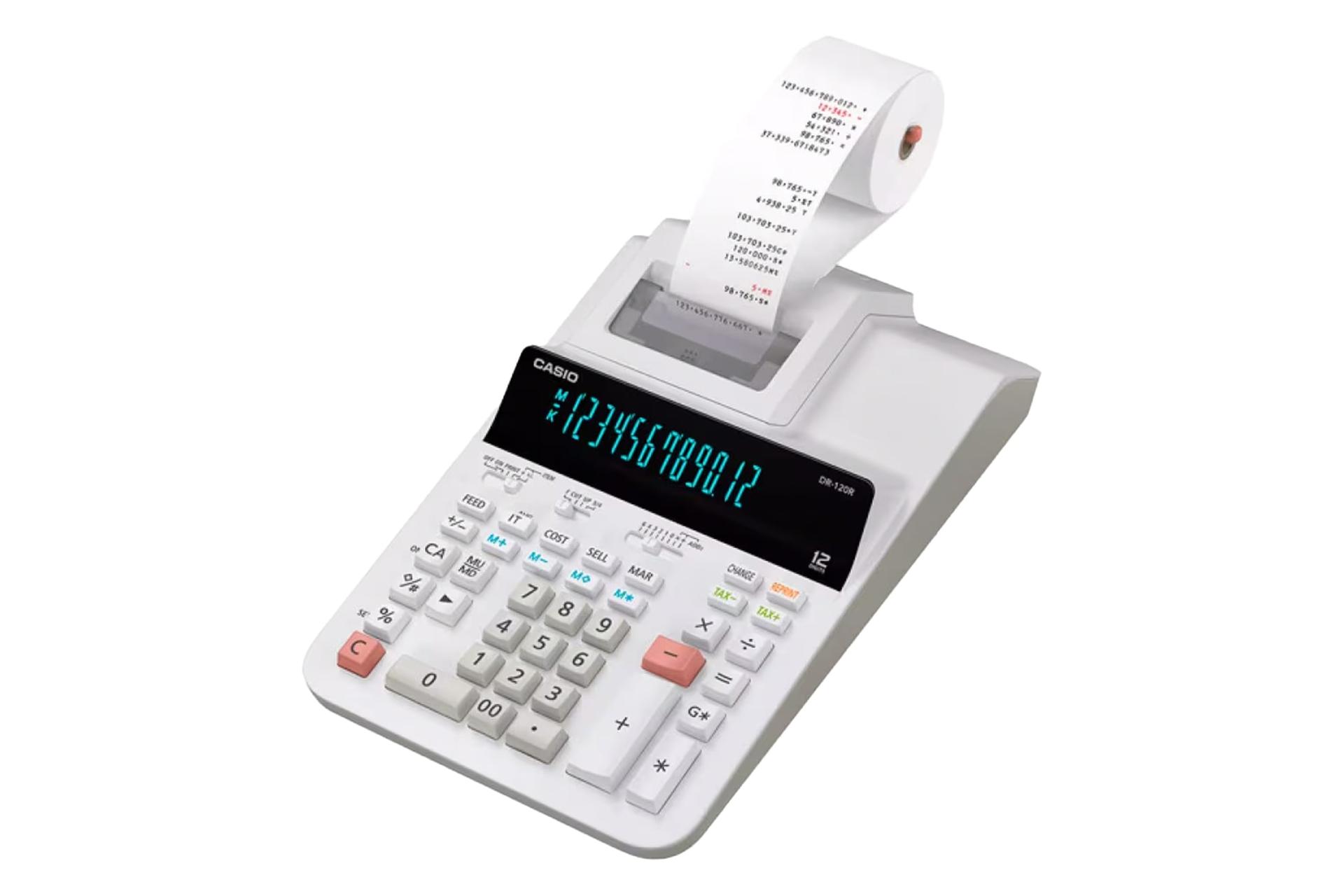 نمای نیمرخ ماشین حساب کاسیو DR-120R با نمایشگر روشن و نمایش صفحه کلید و چاپگر رنگ سفید
