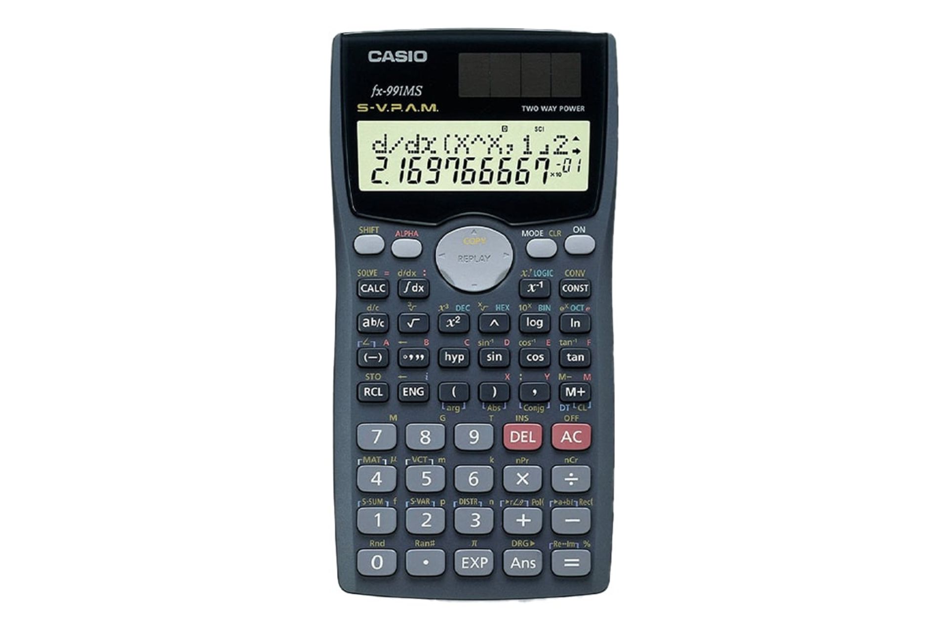 نمای بالای ماشین حساب کاسیو FX-991MS با نمایشگر روشن و نمایش لوگو و صفحه کلید