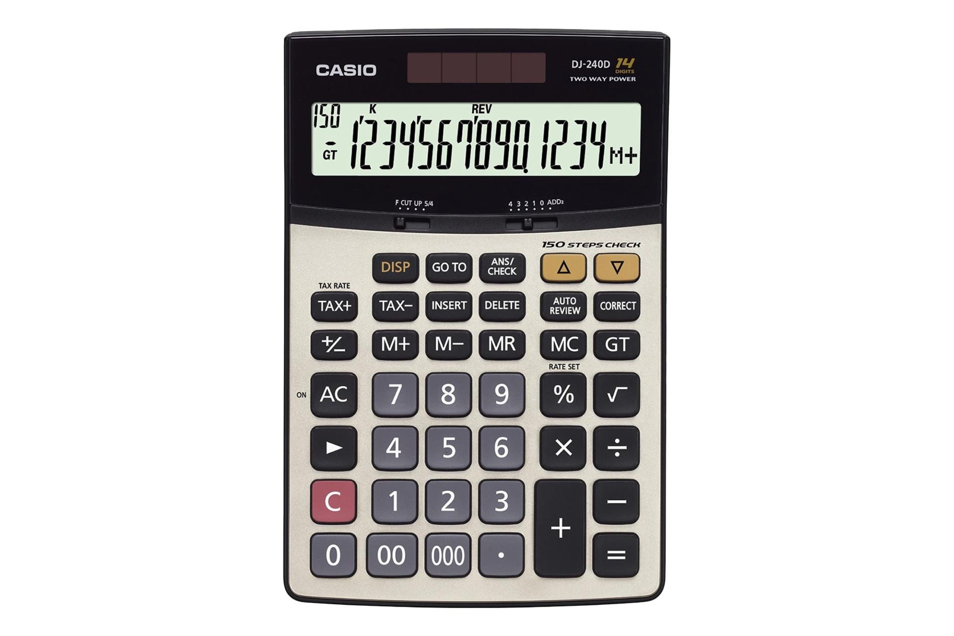 نمای بالای ماشین حساب کاسیو DJ-240D با نمایشگر روشن و نمایش لوگو و صفحه کلید