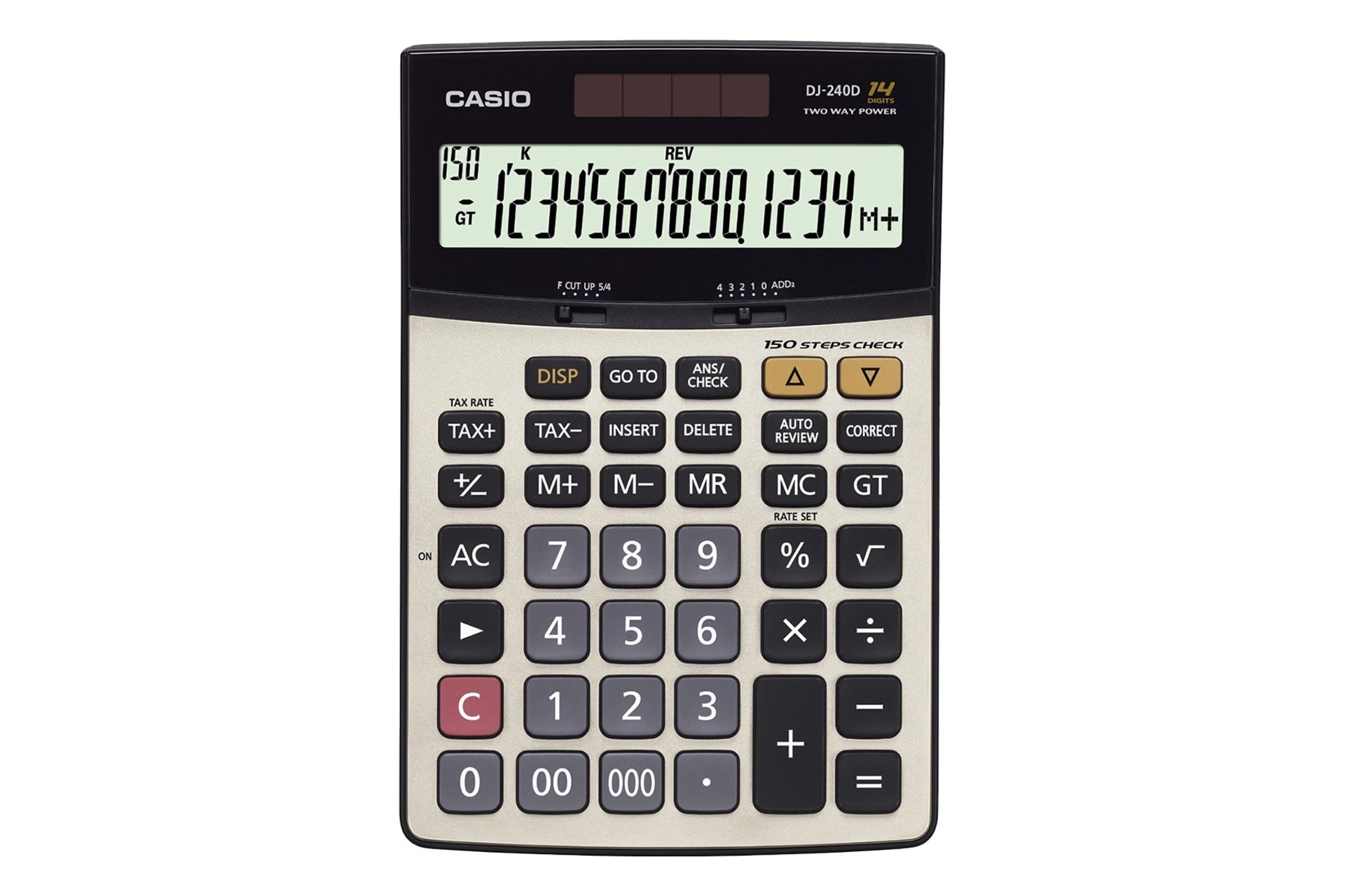 نمای بالای ماشین حساب کاسیو DJ-240D با نمایشگر روشن و نمایش لوگو و صفحه کلید
